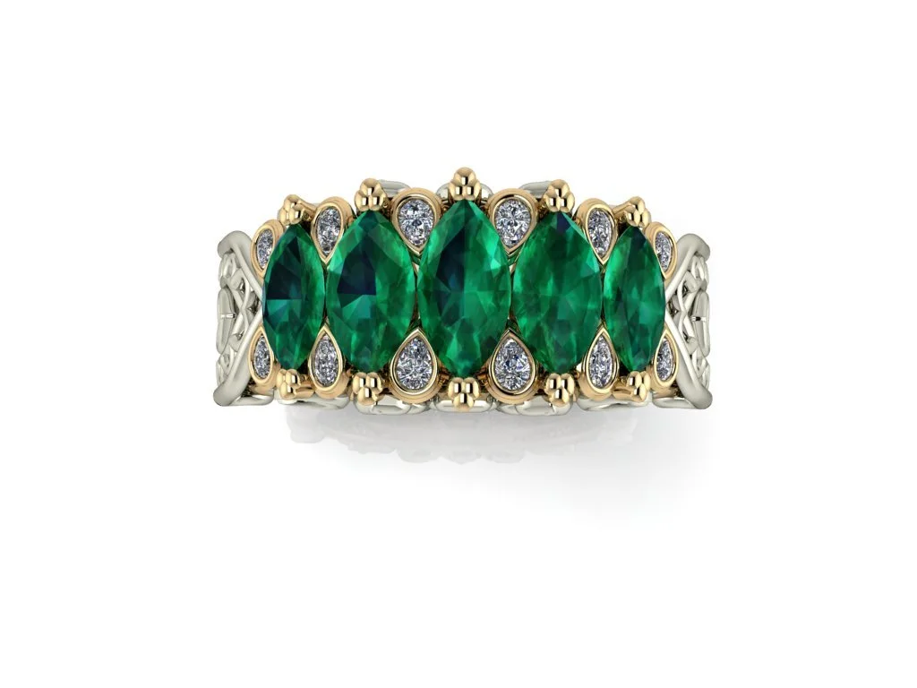 Islamic inspired ring with five green emerald marquise and dispersed white pears two toned in yellow and white gold symbolizing pillars of faith, paradise in the quran, and purity, as well as