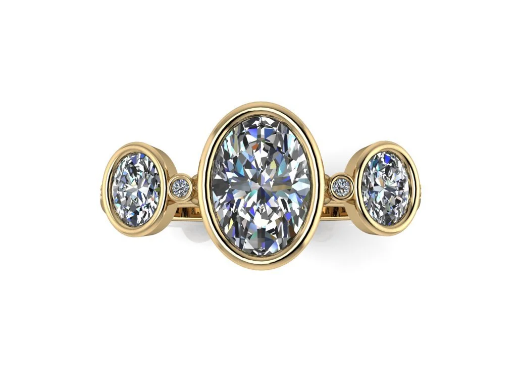Notre Dame Inspired Ring bezel set oval three stone ring in yellow gold