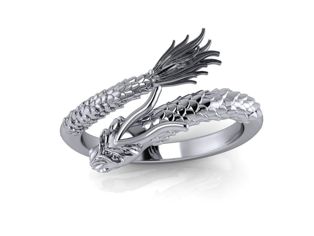 Chines Dragon ring in white gold with dragon twisting around finger, details including tail, eyes, and teeth on imperial chinese inspired dragon ring in white gold