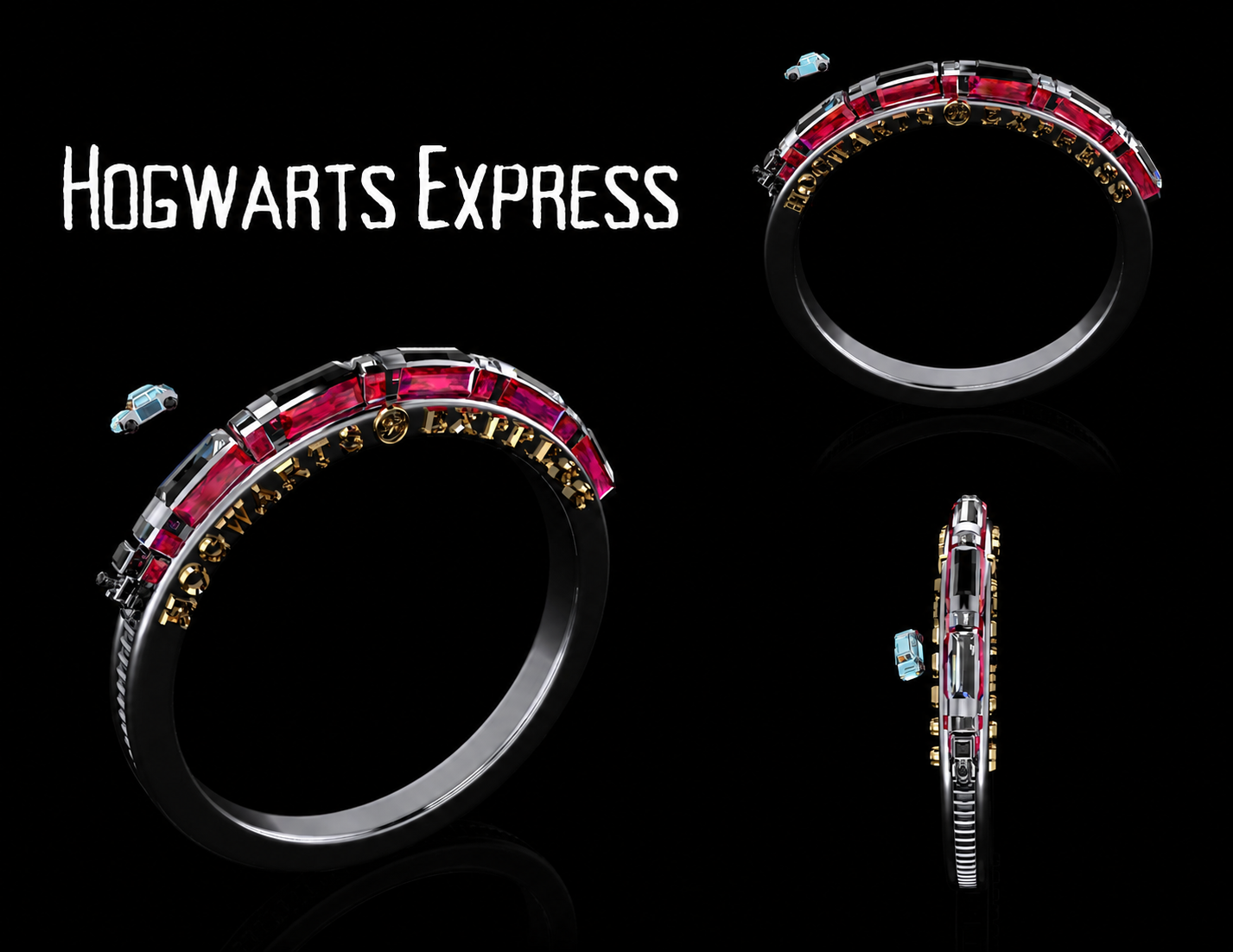 Hogwarts Express Harry Potter inspired ring in white gold with ruby cars and onyx coal, and Hogwarts Express etched in on the side, along with Ron's flying car