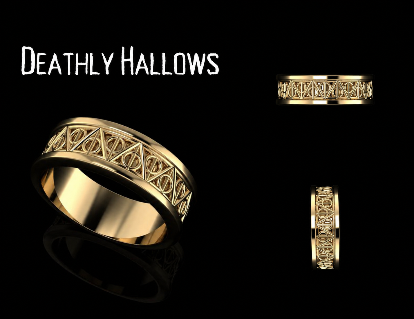 Deathly Hallows inspired ring from Harry Potter in yellow gold men's band, repeating triangle circle and line elements subtle Harry Potter