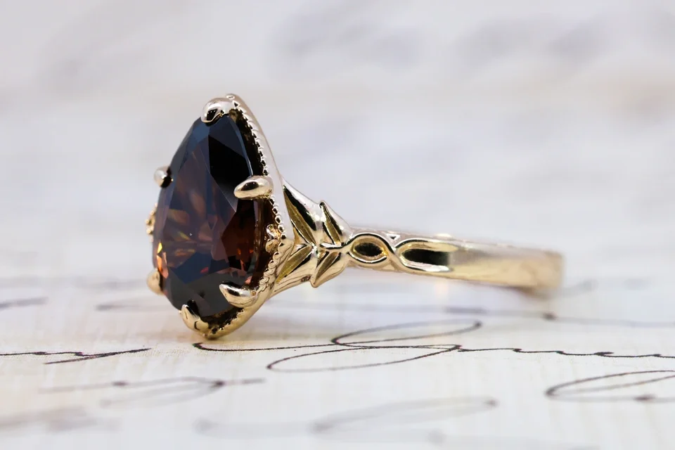 Smokey Quartz Brown Diamond Pear ring with filigree down side in yellow gold