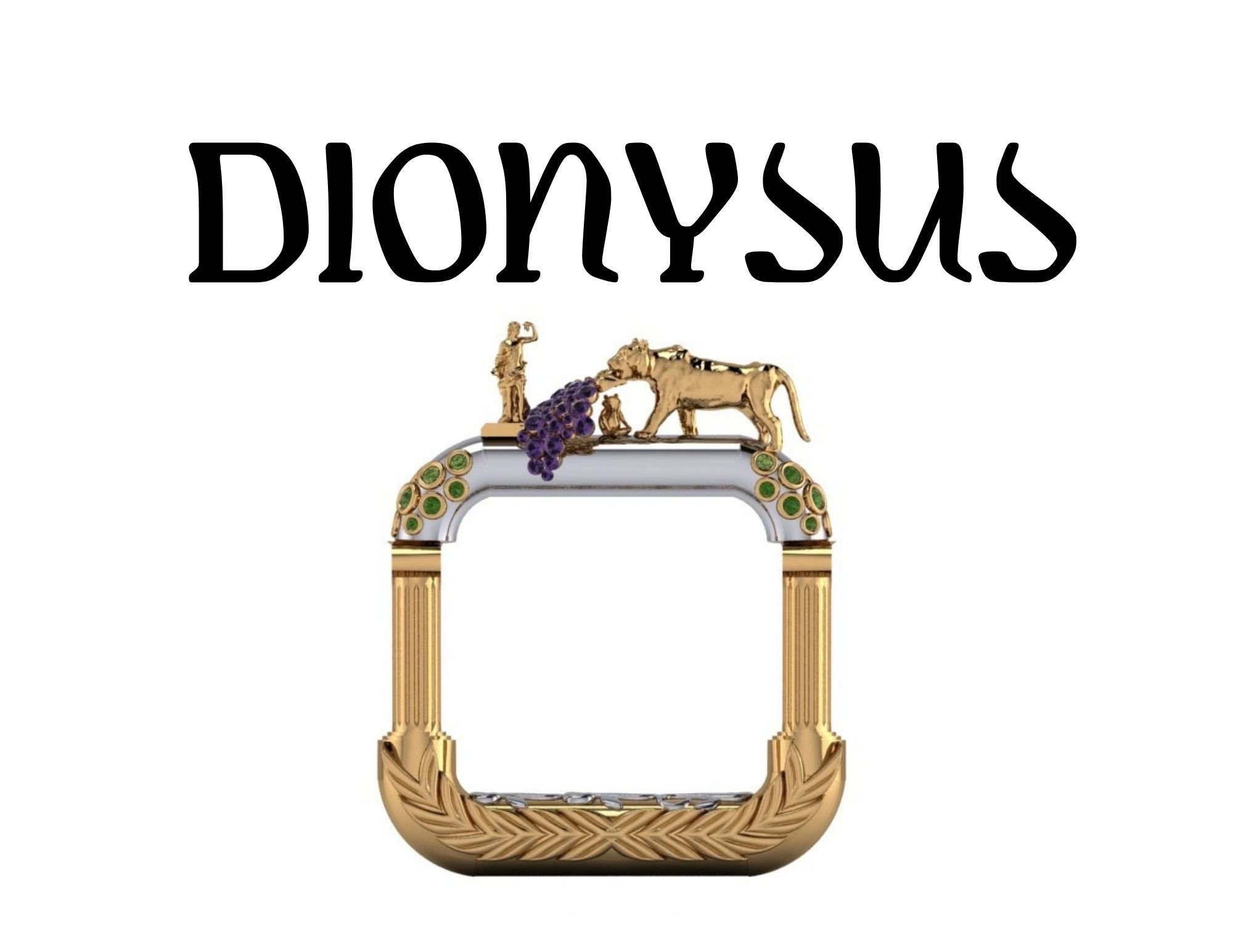Dionysus Inspired Ring with square shank, cascading grapes, tiger, and Dionysus statue, in white and yellow gold with green bezel set stones