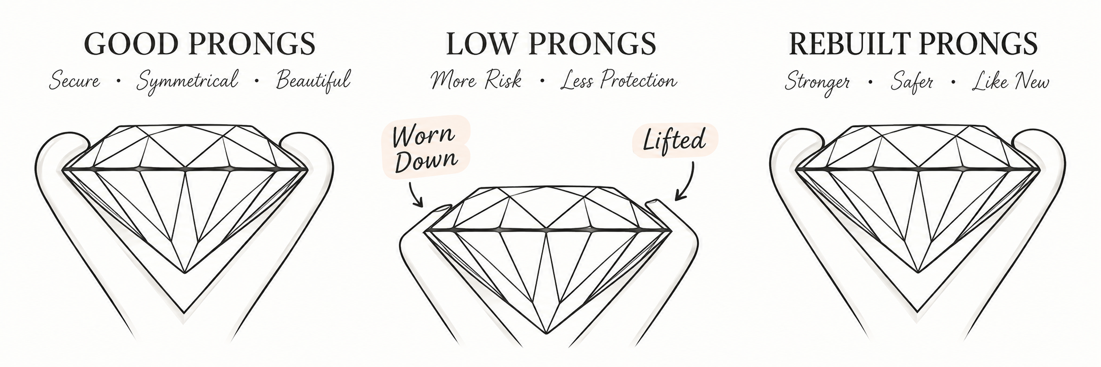 good prongs, low prongs, and rebuilt prongs daigram, showing strong prongs and worn down prongs, as well as lifted prongs