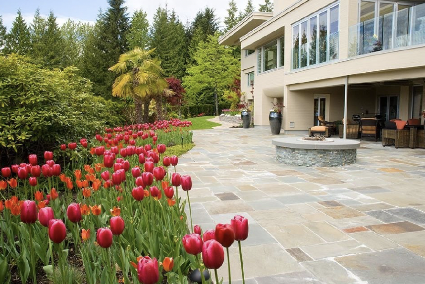 Outdoor Masonry and xeriscape landscaping Construction design build stone patio and fire pitBend Oregon