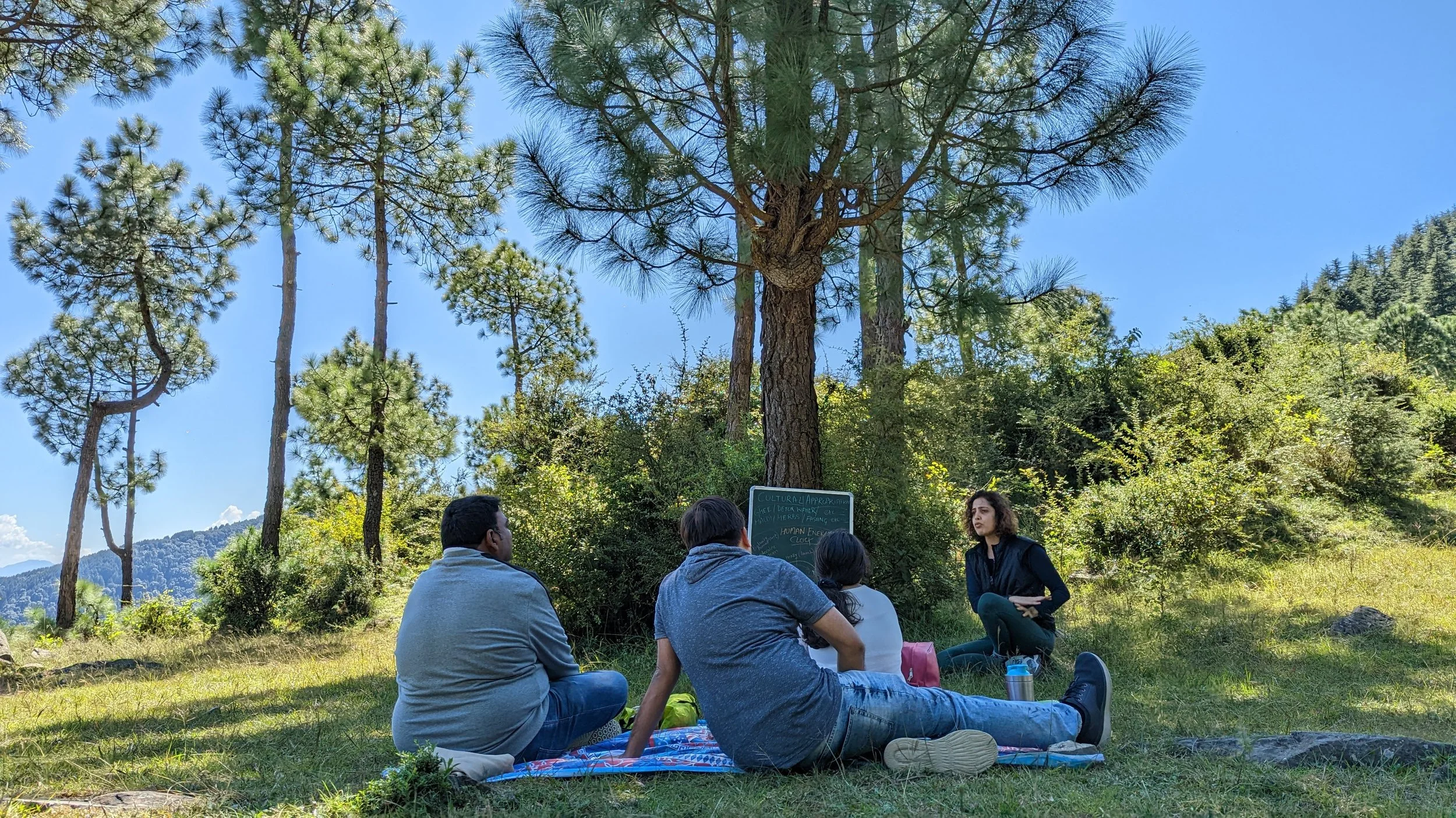 A small group talk under pine trees in the Himalayas during a Yukah programme.