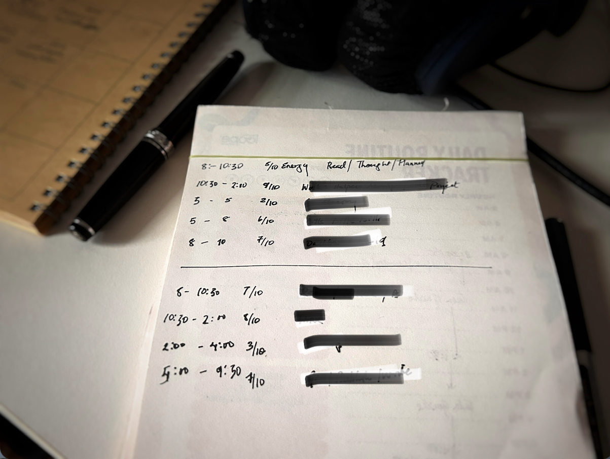 A notebook with handwritten notations about energy