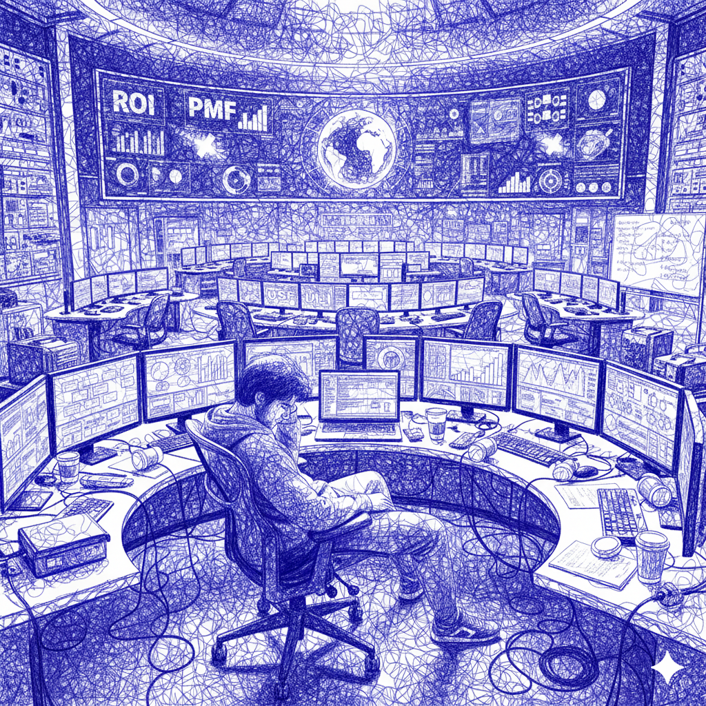 Startup founder surrounded by screens in a mission control room