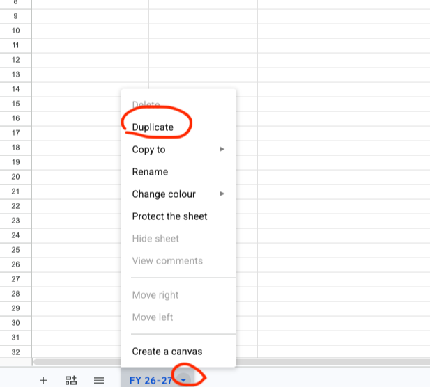 A screenshot of a Google Sheet Tab with markups to show how to duplicate a tab
