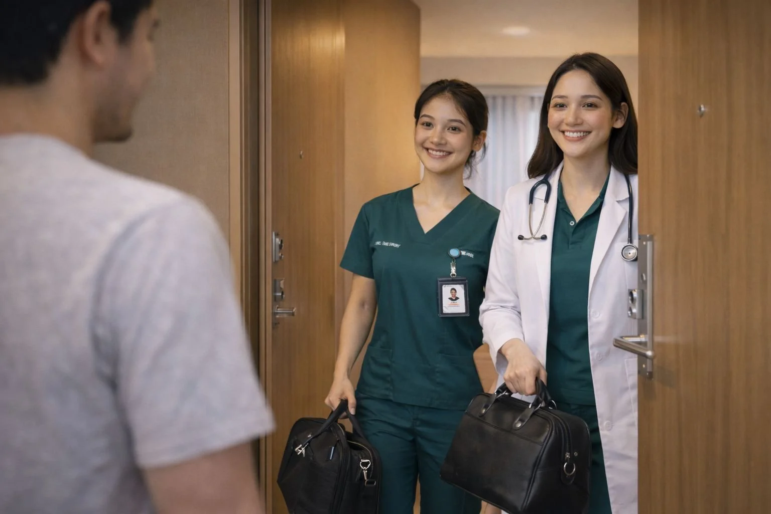 Two female healthcare professionals smiling and greeting a male patient at his hotel room door, carrying medical bags, one in green scrubs and the other in a white coat with a stethoscope.