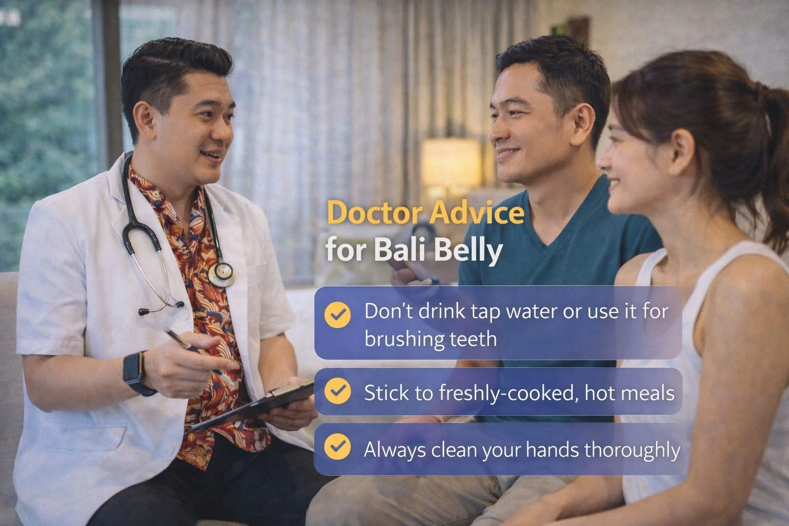 doctor in a white coat talking to a middle-aged man and woman in casual attire. The scene is indoors with a blurred background of a window and a lamp. Overlaid text provides health advice for Bali Belly, including not drinking tap water, sticking to hot meals, and cleaning hands thoroughly.