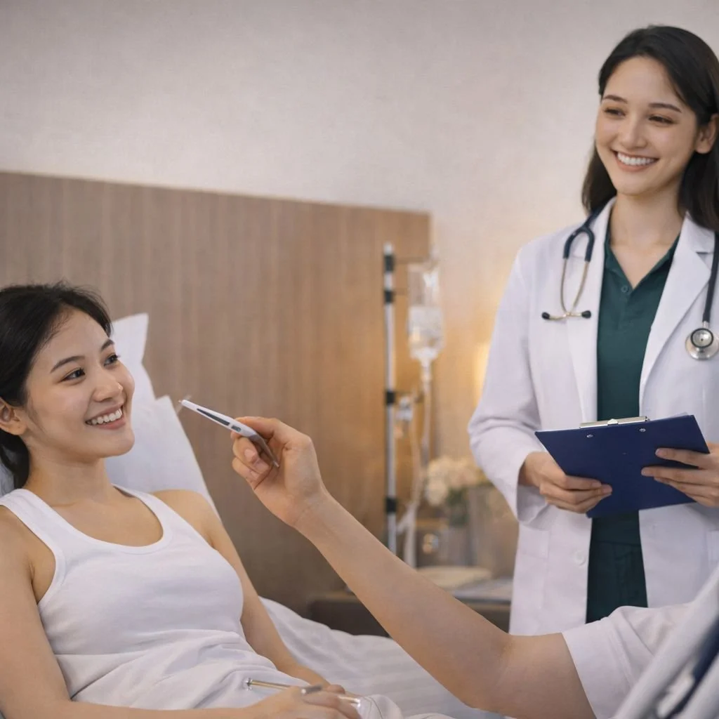 A young woman in a hospital bed smiling at a healthcare worker holding a thermometer.