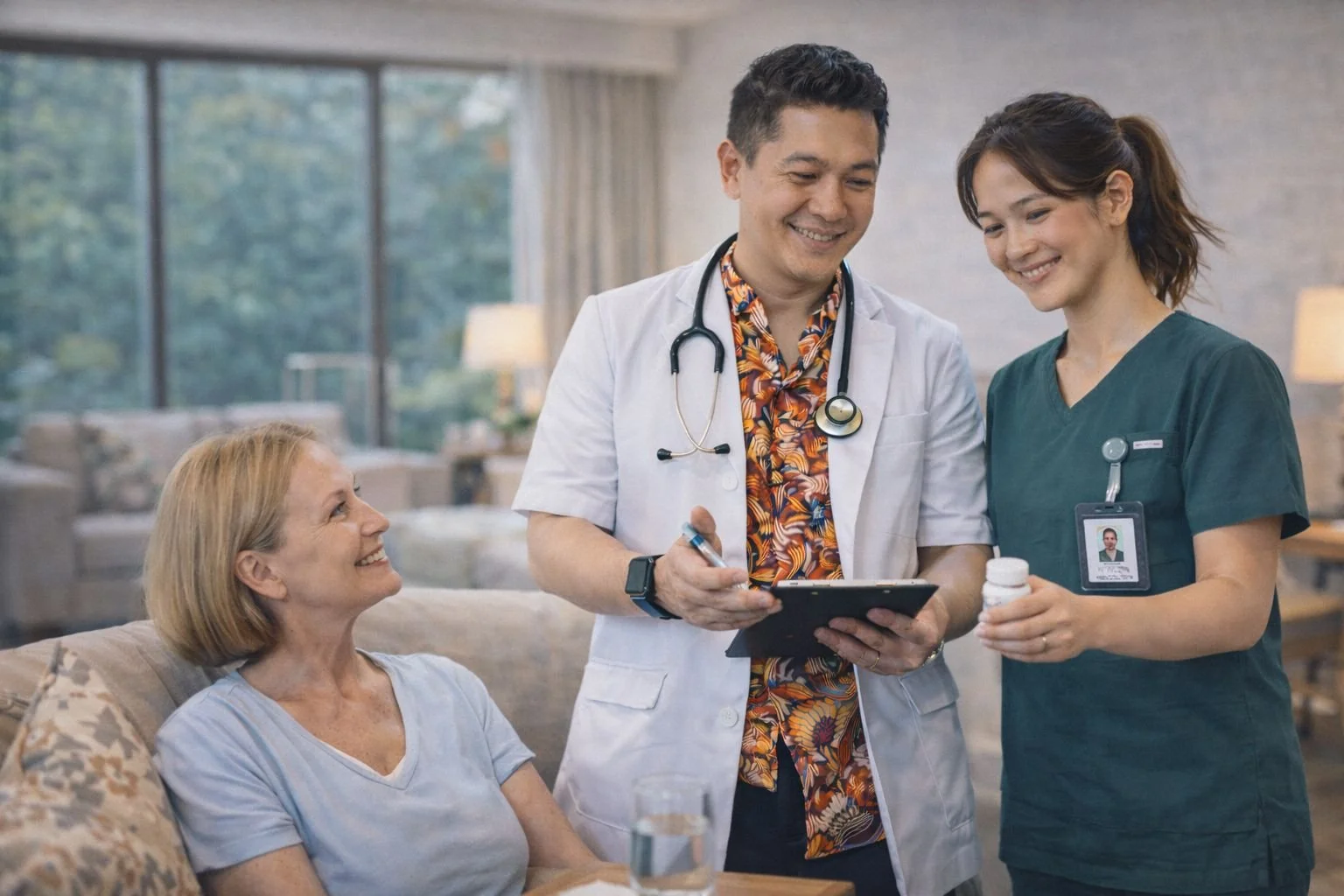 A doctor and nurse showing medication to a smiling elderly woman in a bright, comfortable living room.