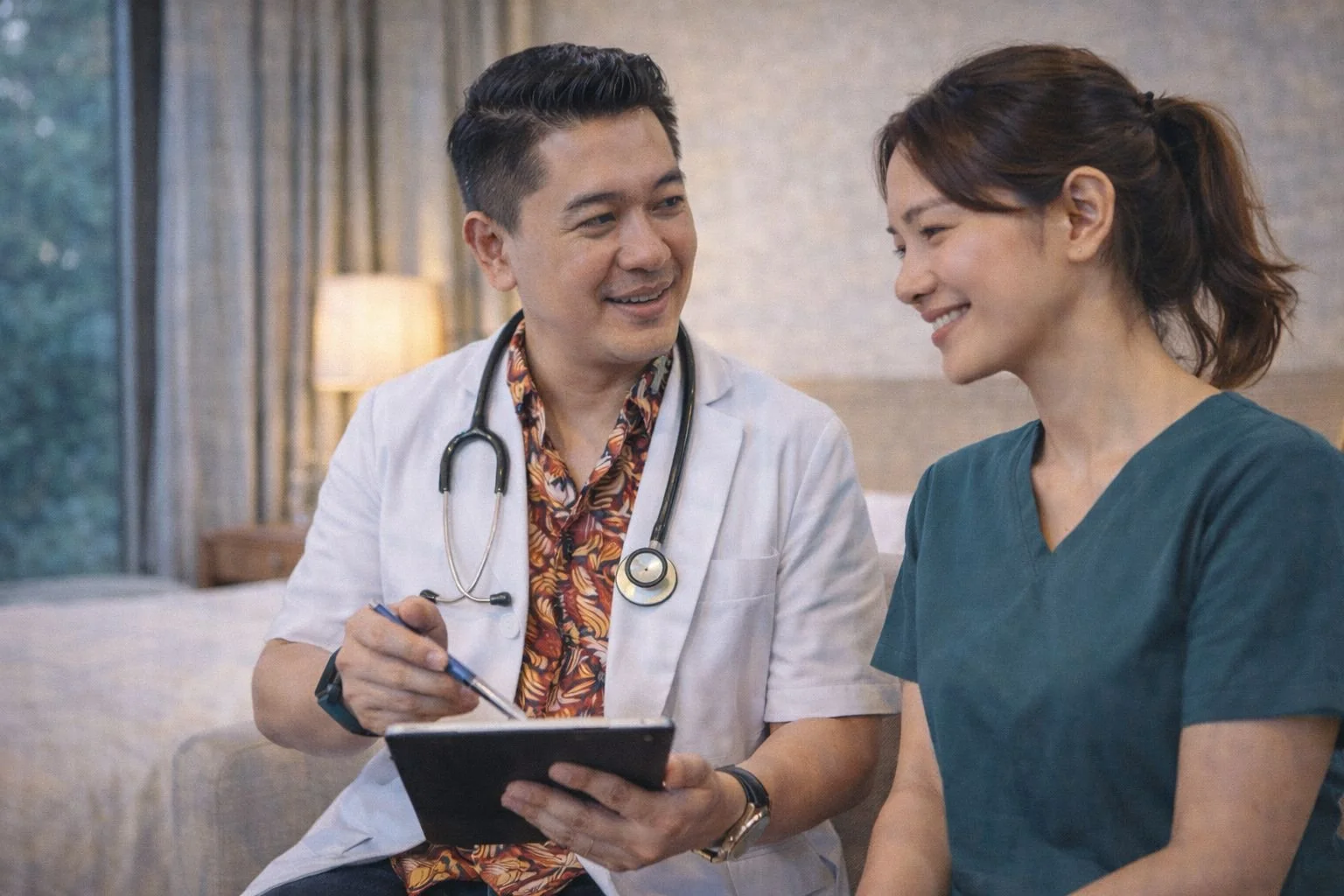 A doctor in a white coat with a stethoscope around his neck and a woman in scrubs sitting together and smiling during a consult in a cozy room.