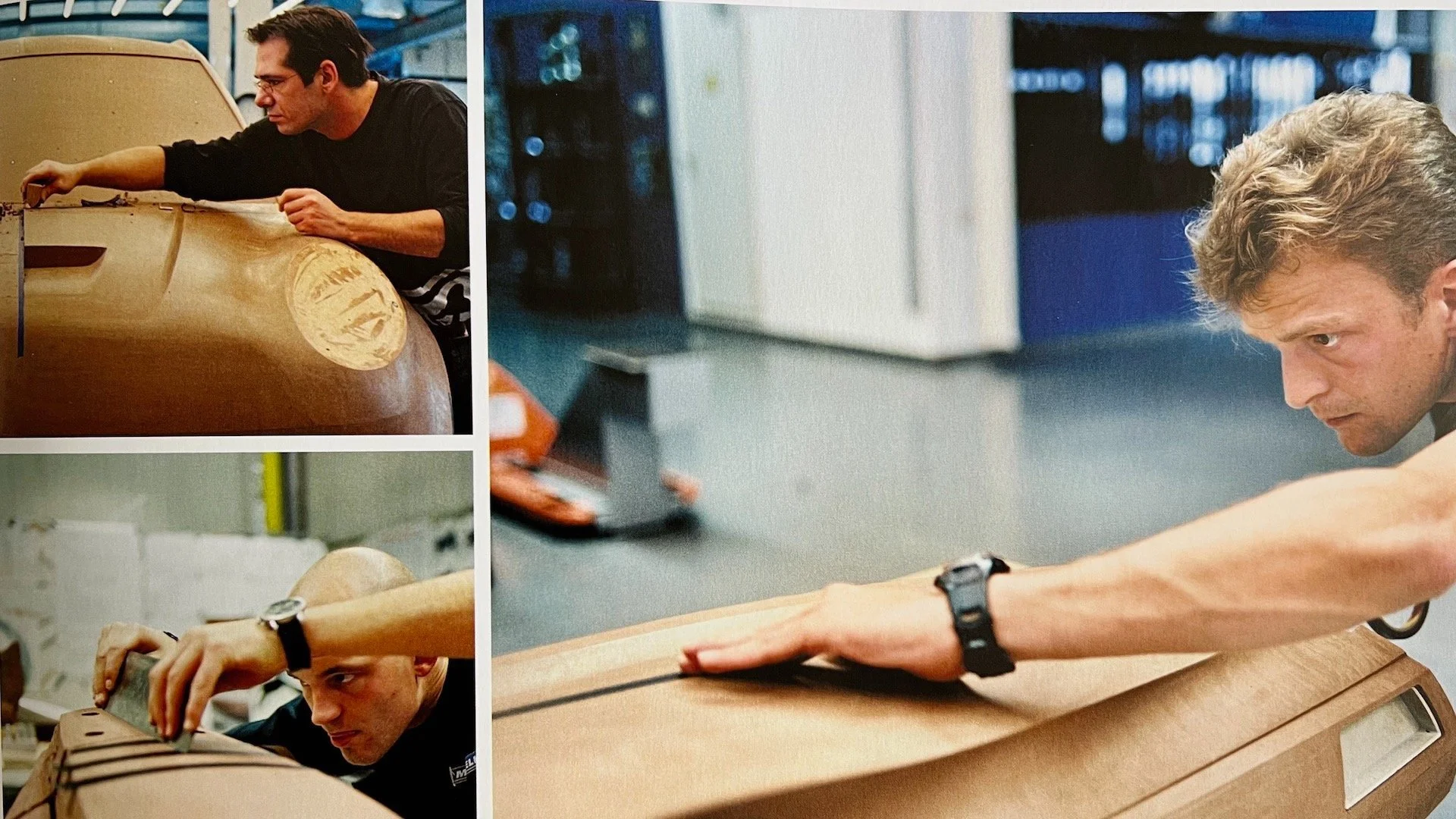 Autodesigner arbeiten an einem Tonmodell im Studio, mit Fokus auf Details und Präzision.