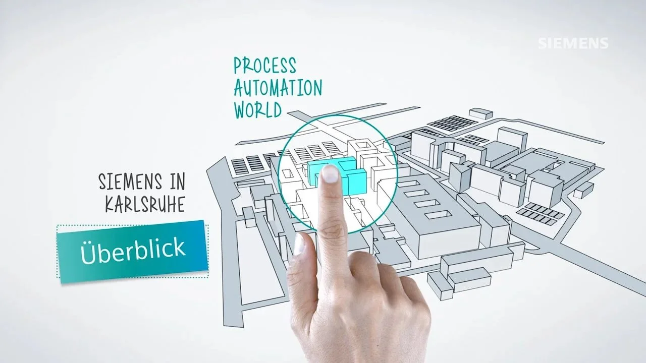 Skizze eines Industriekomplexes mit markiertem Gebäude und einem Finger, der einen Bereich zeigt. Text: „Siemens in Karlsruhe“, „Überblick“ und „Process Automation World“. Logo „Siemens“ oben rechts.