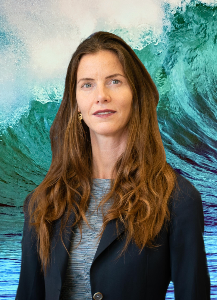 Willemijn Peeters - A woman with long, curly red hair and light skin stands in front of a large ocean wave backdrop. She is wearing a dark blazer over a grey shirt and has gold earrings.