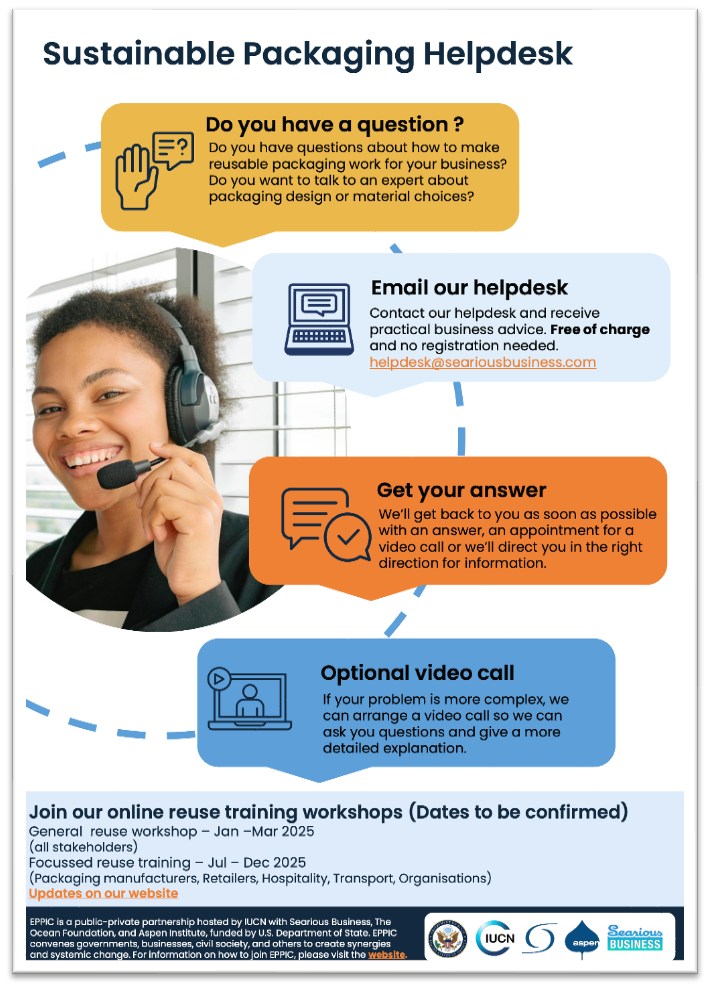 Flyer for Sustainable Packaging Helpdesk with information about a support service for reusable packaging. It includes contact email helpdesk@seariousbusiness.com, details on getting answers and optional video calls, and mentions online reuse training workshops from 2025. Logos of sponsoring organizations are displayed at the bottom.