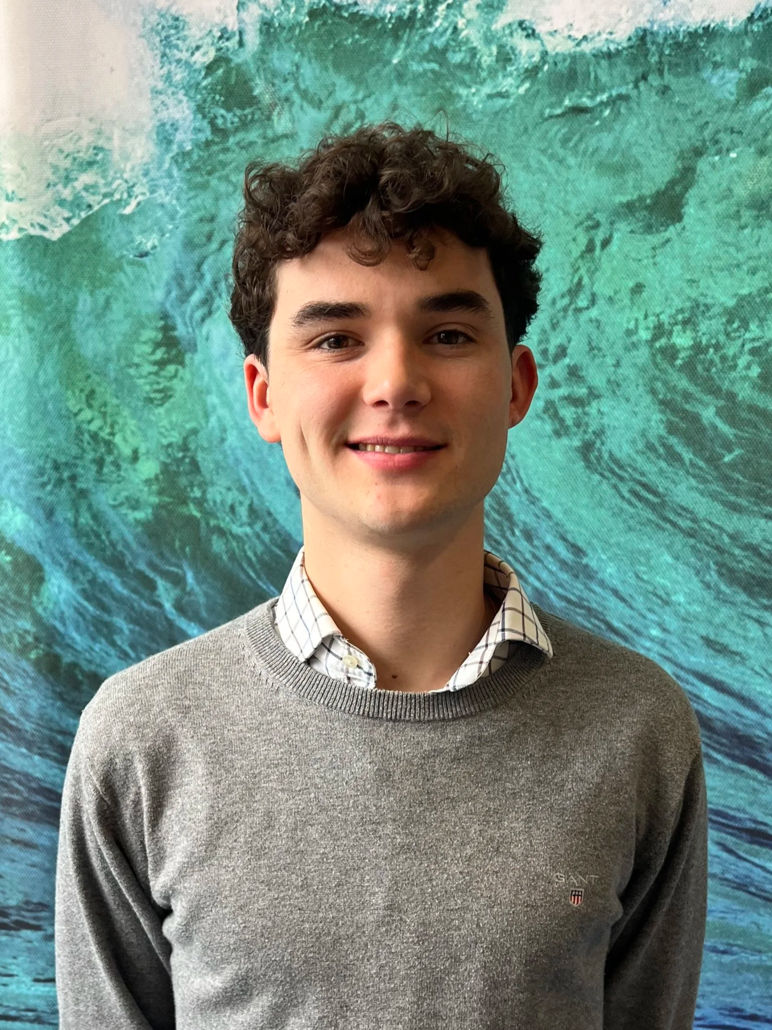 Portrait of a young man with curly dark hair, smiling, wearing a gray sweater over a patterned button-up shirt, standing in front of a textured blue-green background.