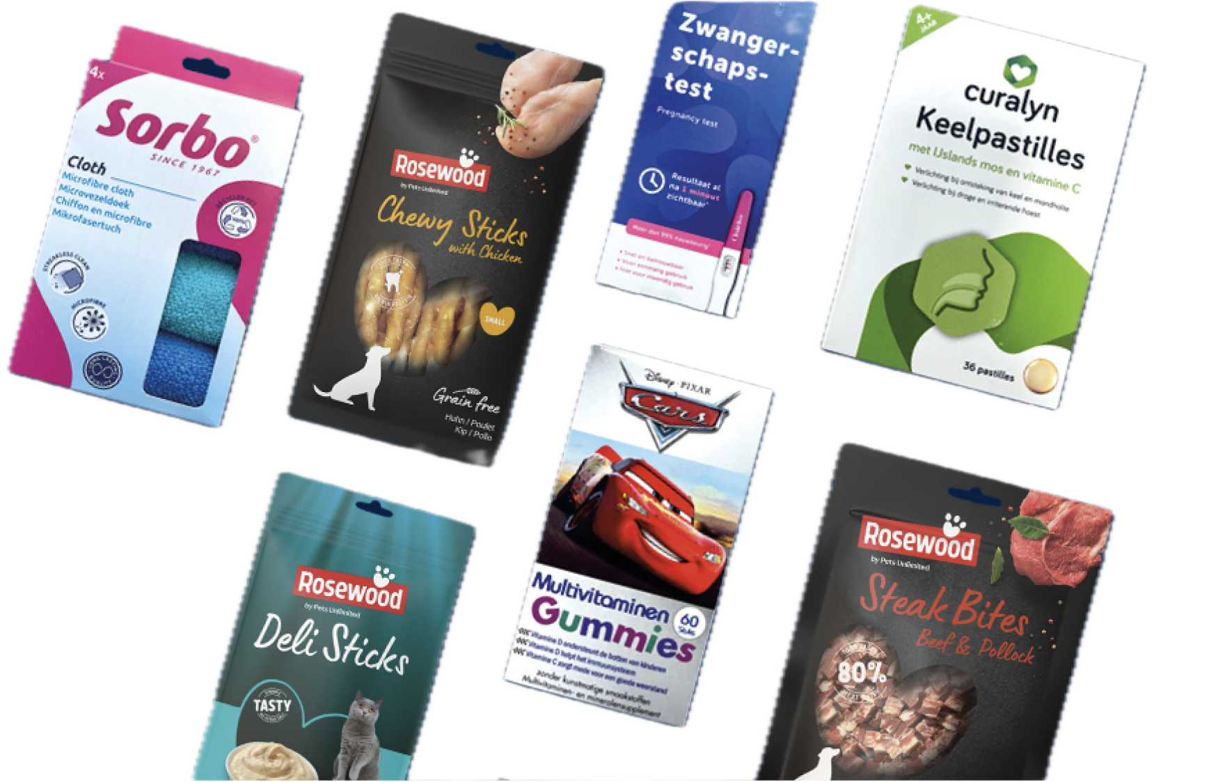 A collection of various health, wellness, and food product packages, including microfiber cloths, chicken chews, pregnancy test, vitamin C, multivitamin gummies, steak bites, delis sticks, and ginger.