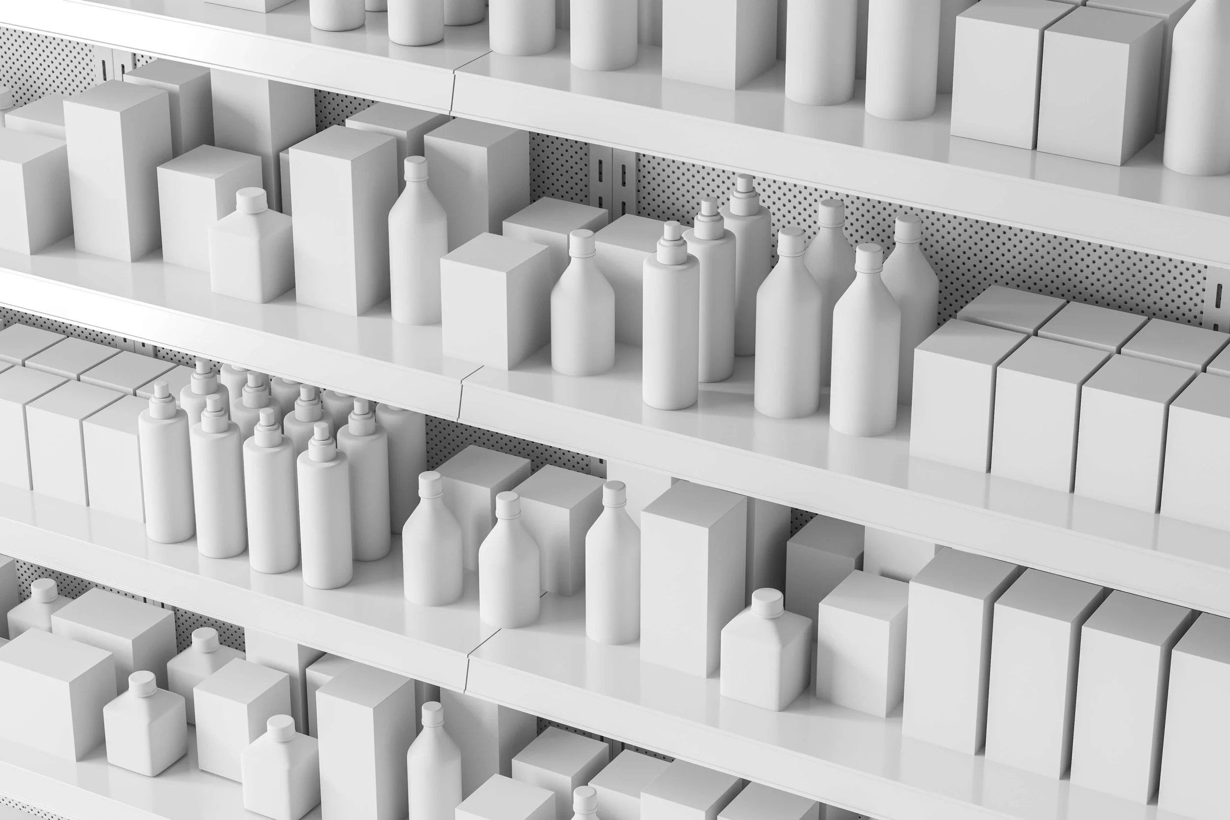 White shelves in a store display with various white bottles and boxes arranged neatly.