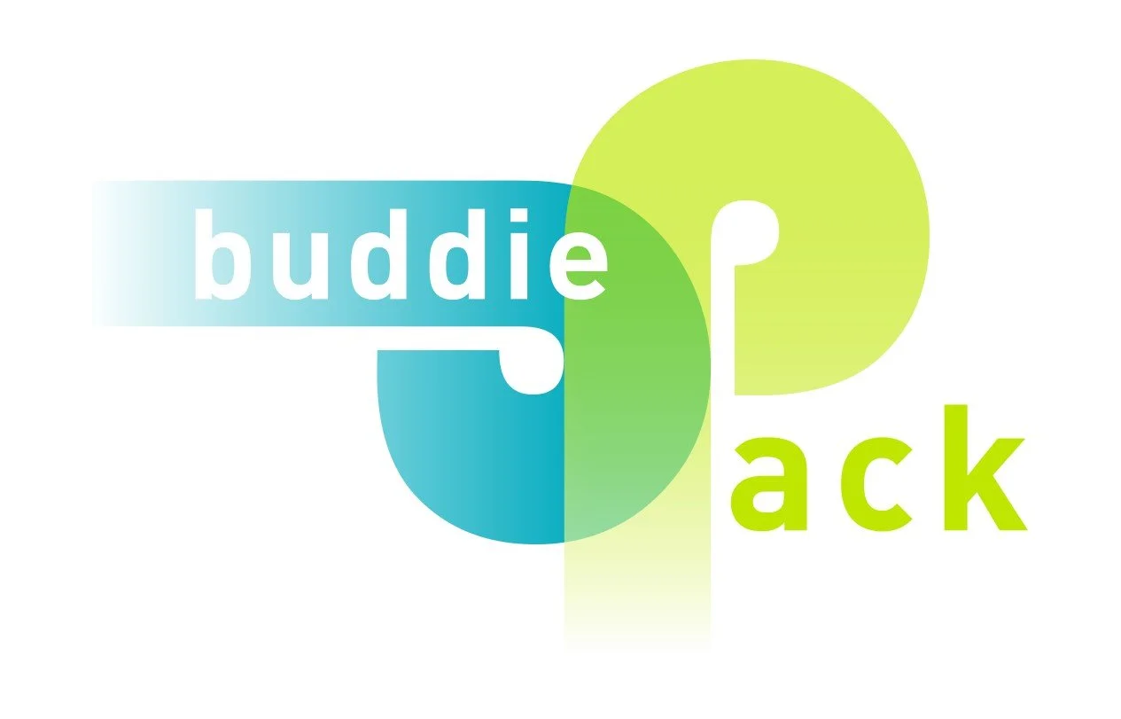 "buddiepack" logo with a stylized blue and green design.