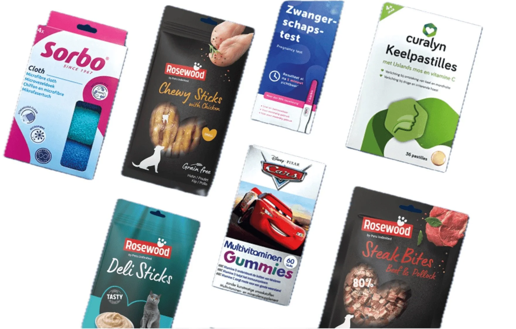 A collection of various pet and health-related products including chew sticks, multi-vitamins, gummies, and schnauzer treat bites, along with a pregnancy test and allergy medication box.