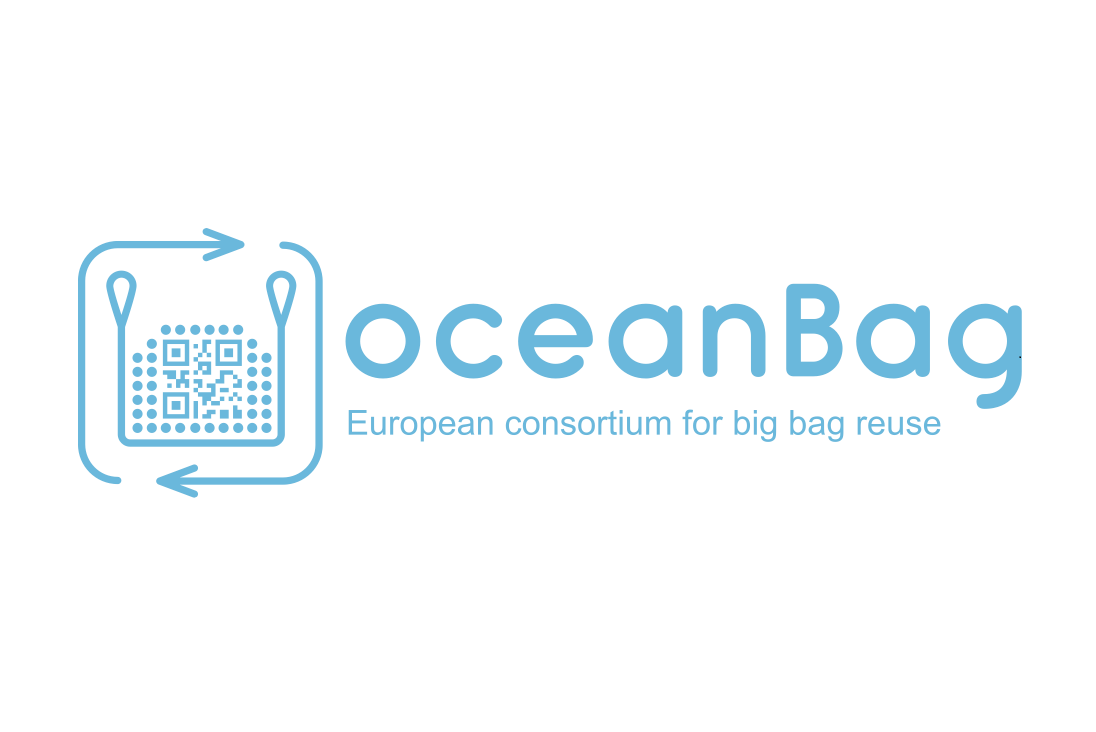 Logo for oceanBag, featuring a stylized bag with arrows and a QR code, alongside the text 'European consortium for big bag reuse.'
