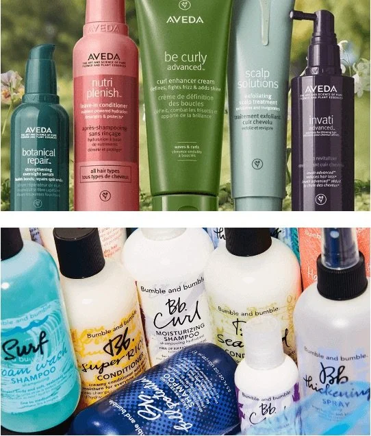 Collection of hair and scalp care products, including shampoos, conditioners, and treatments from brands like Aveda and Bumble and Bumble.