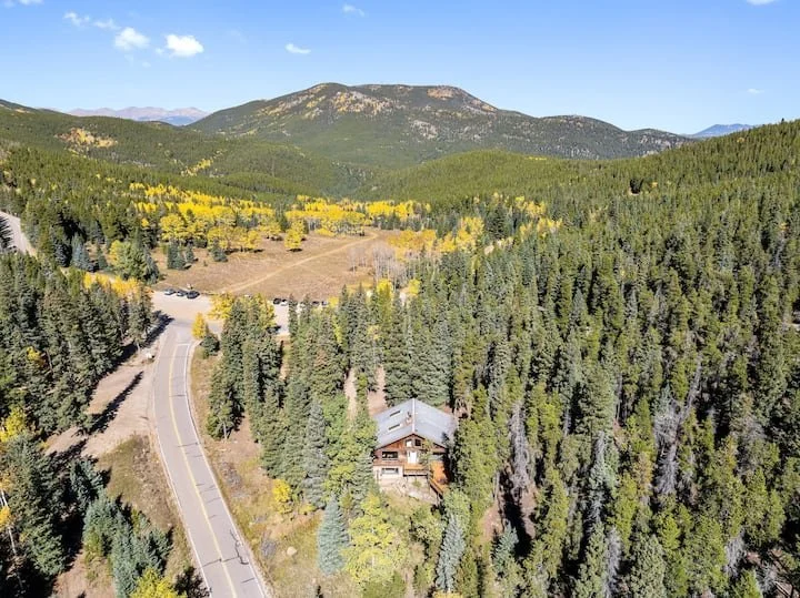 A forested mountain landscape with a winding road, a house among tall trees, and distant mountains under a blue sky.