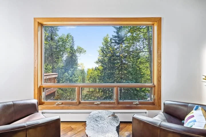 Living room with two dark leather couches facing each other and a large window showing green trees outside.