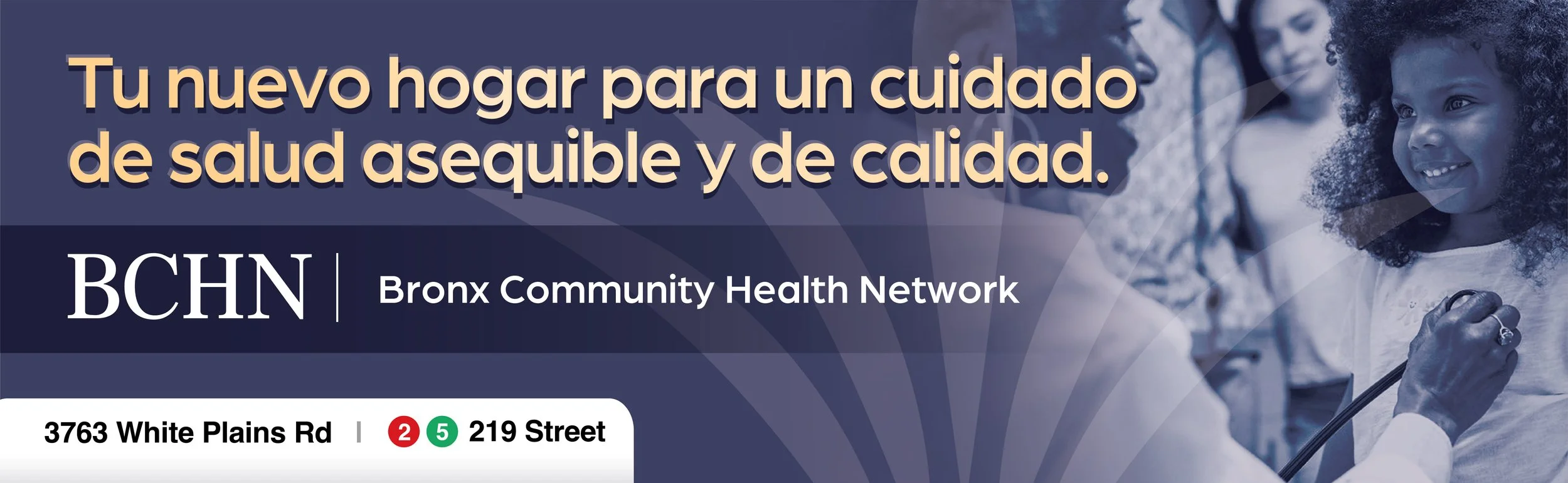 Advertisement for Bronx Community Health Network promoting affordable quality healthcare, featuring an image of diverse children and healthcare professionals.