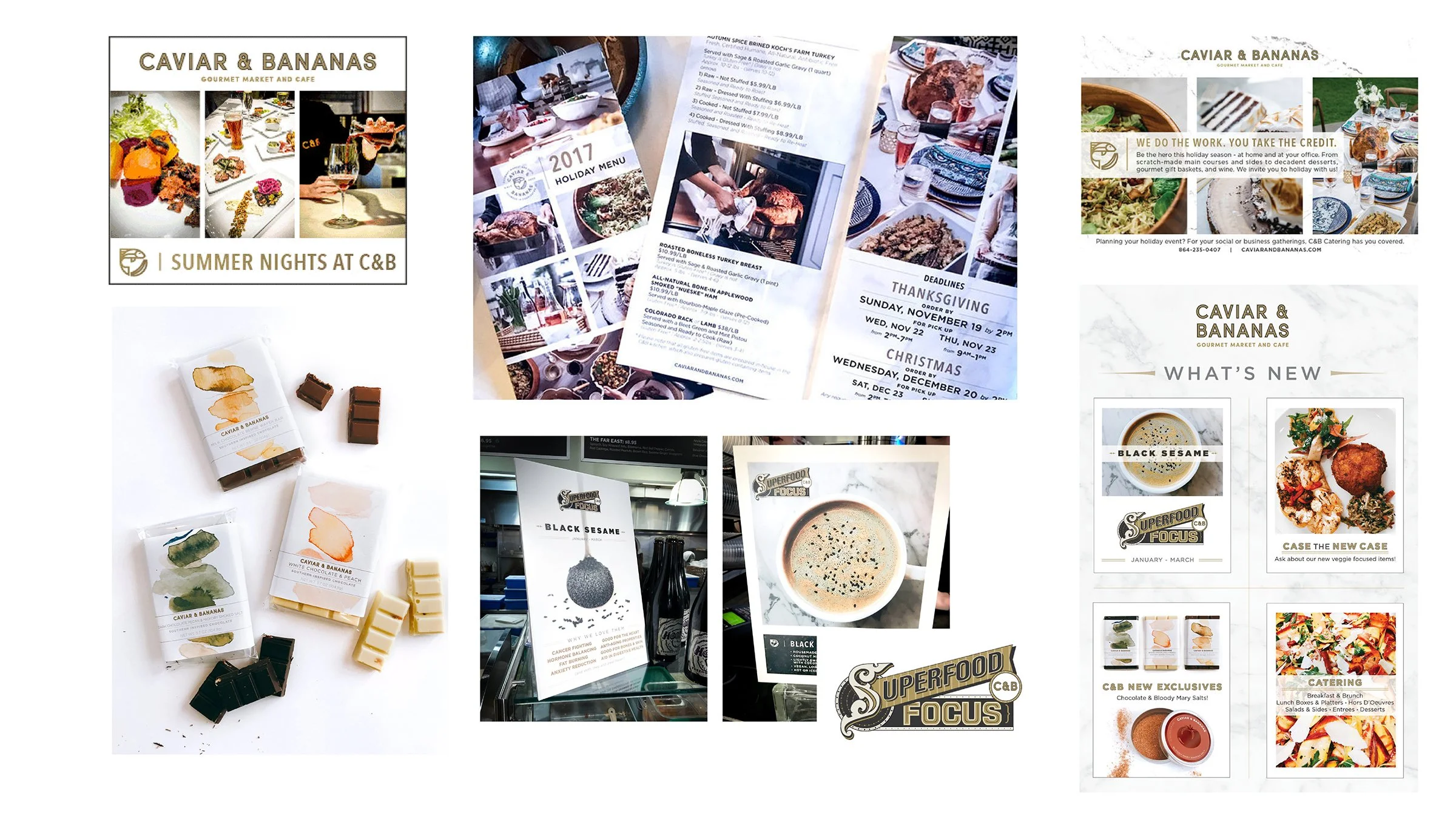 Collage of images from Caviar & Bananas including chocolate and white chocolate-peach candies, dishes and menus showcasing holiday and Thanksgiving meals, a close-up of a cup of coffee labeled "Black" with the Superfood Focus logo, promotional posters featuring black sesame and various food items, and a flyer displaying new menu items and catering options.