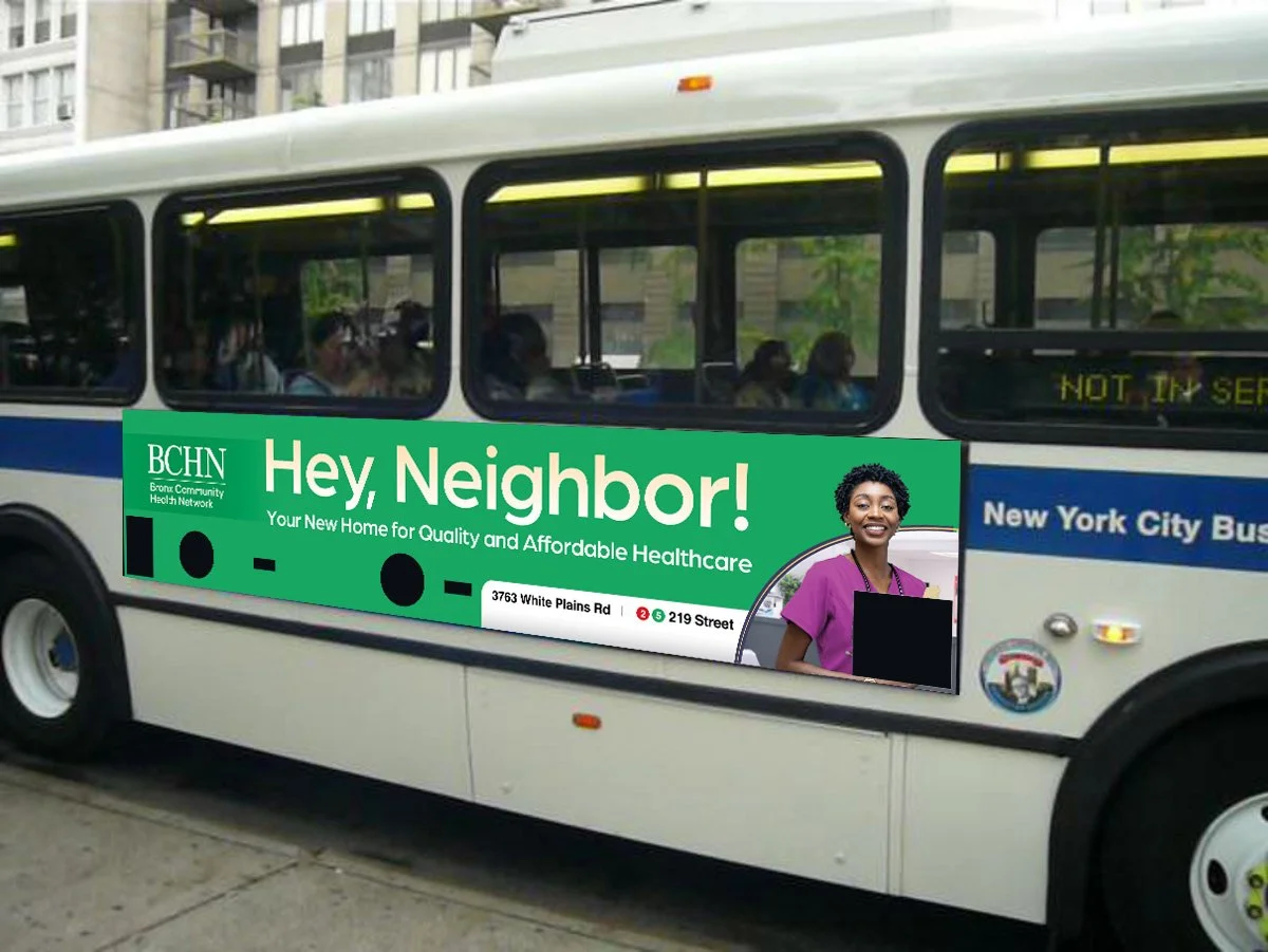 New York City bus with an advertisement for Bronx Community Health Network, featuring a smiling woman in a purple shirt, promoting healthcare services at 3763 White Plains Road and 219 Street.