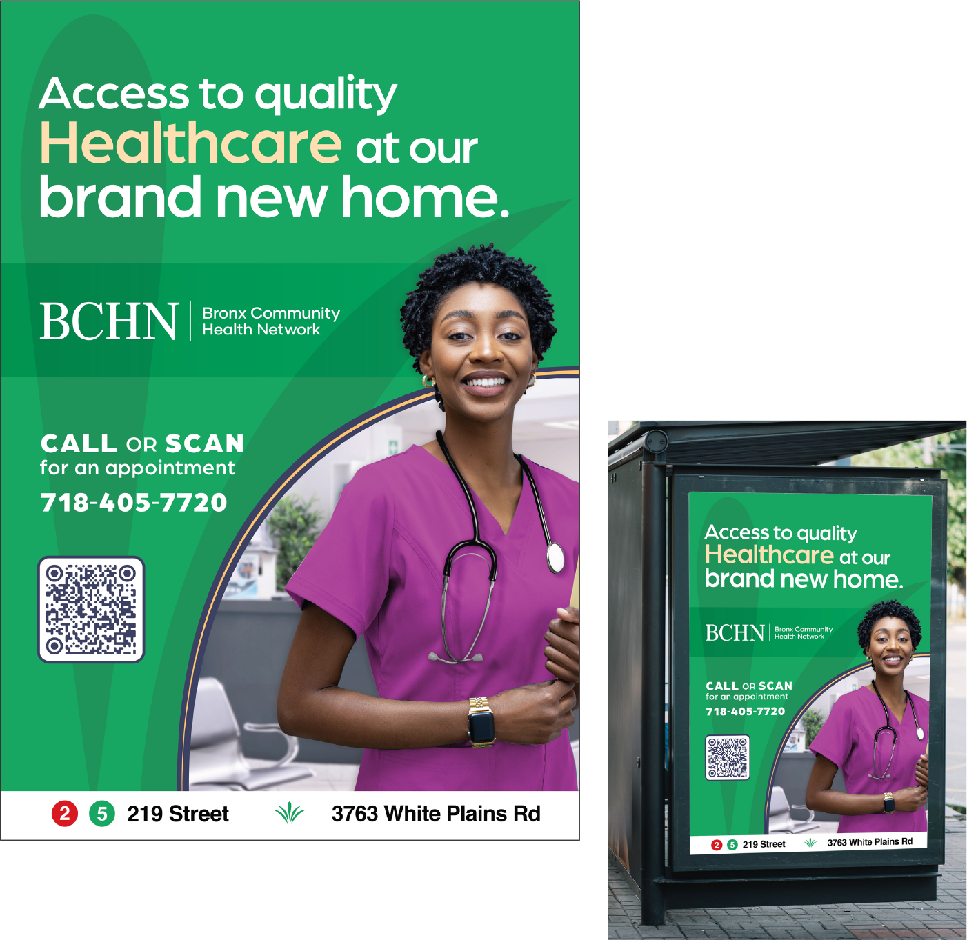 A printed advertisement for Bronx Community Health Network promoting access to quality healthcare at a new location, showing a smiling healthcare professional in purple scrubs with a stethoscope around her neck, a QR code, contact information, and location details.