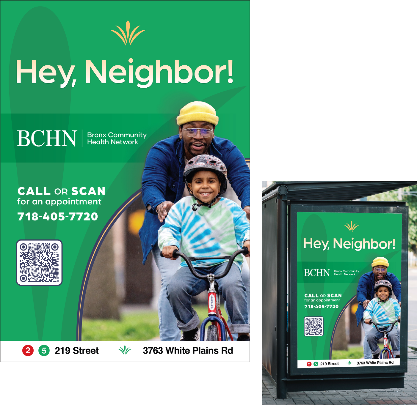 Flyer for Bronx Community Health Network featuring a man and a child riding a bike outdoors, promoting healthcare appointments with QR code and contact info