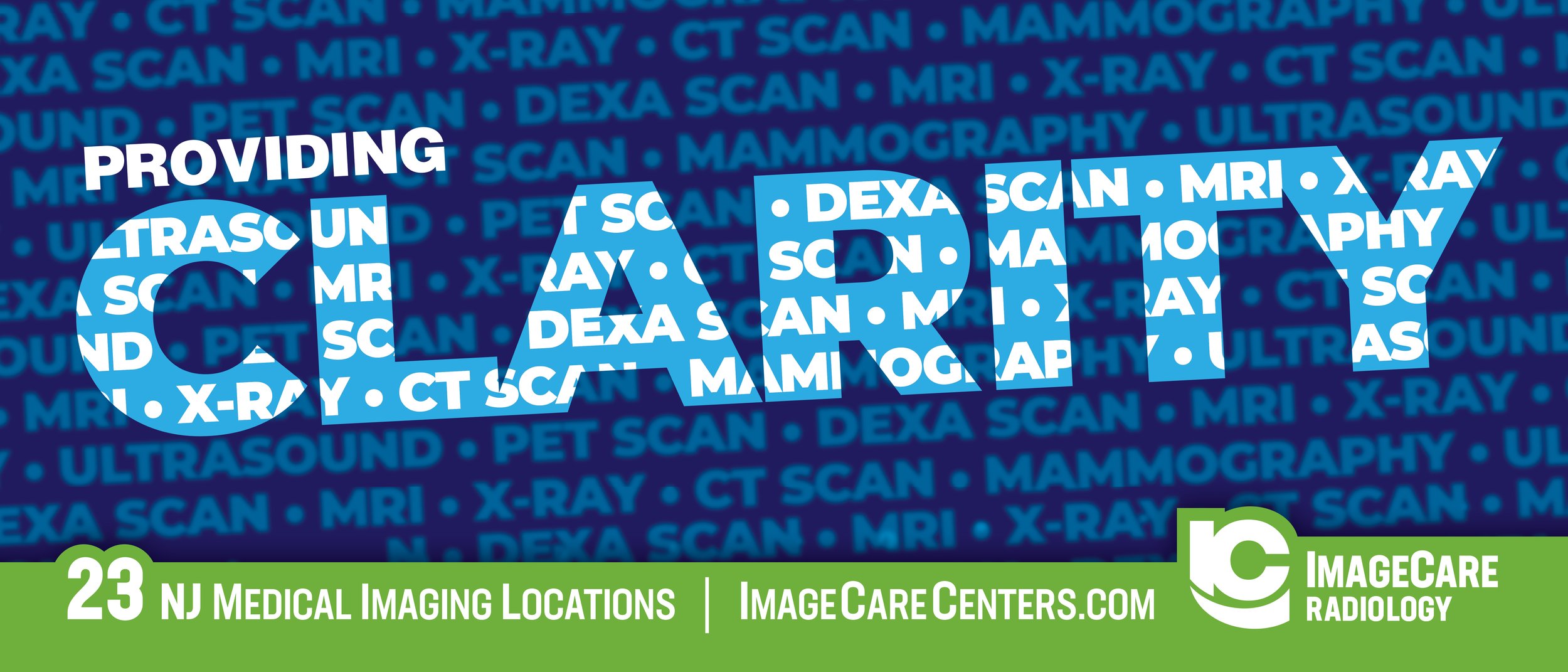 Advertisement for radiology imaging services with background listing different imaging tests like MRI, X-ray, CT scan, mammography, ultrasound, DEXA scan, PET scan. Text emphasizes providing 23 NJ medical imaging locations, with the website imagecarecenters.com and a logo for ImageCare Radiology.