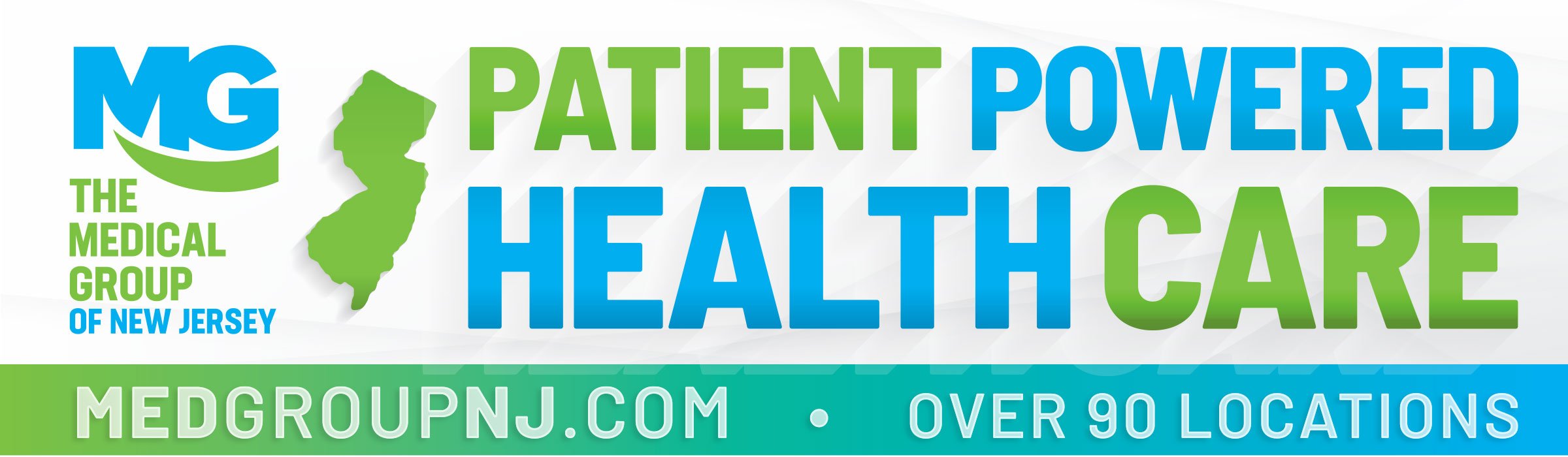Logo of The Medical Group of New Jersey with green and blue text, a green outline map of New Jersey, and information about healthcare services across over 90 locations.