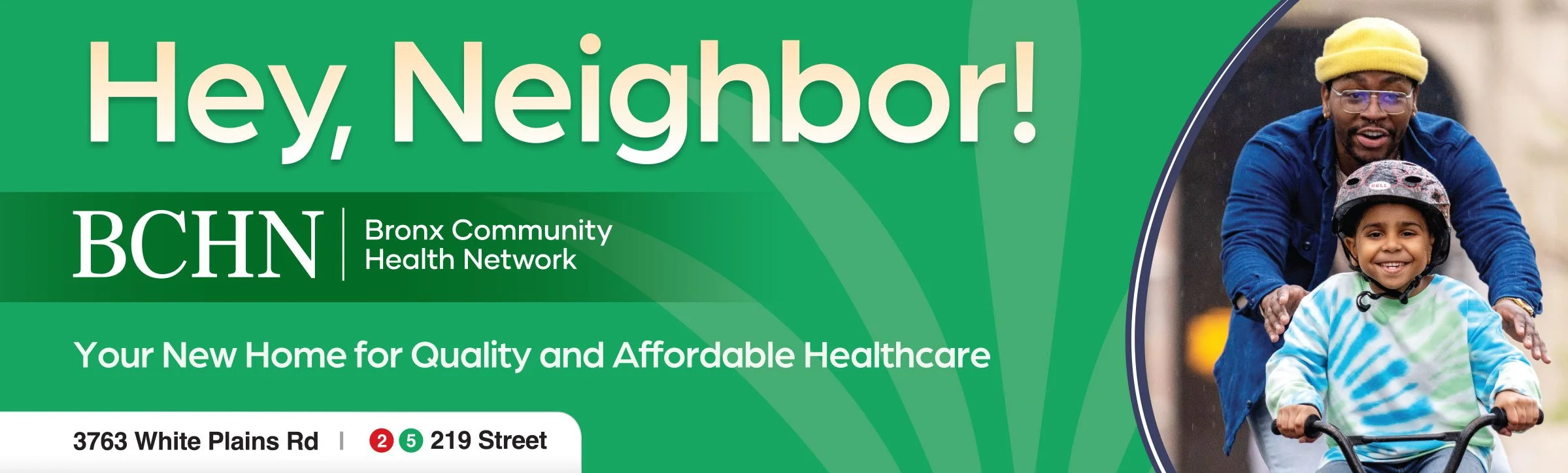 A man and young girl riding bicycles outdoors, smiling, with the man wearing glasses and a yellow hat, and the girl wearing a helmet.