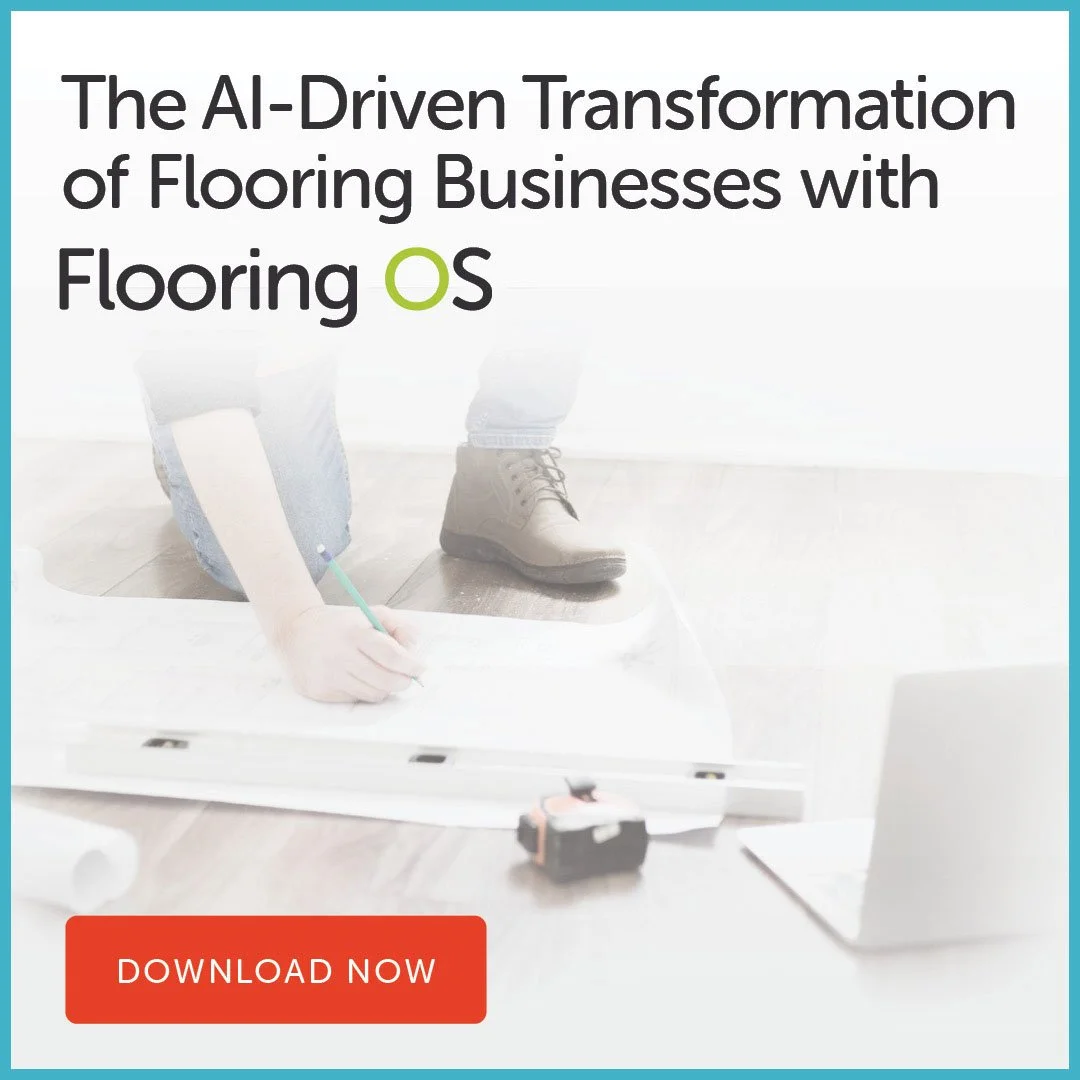Promotion for AI-driven flooring business transformation featuring a person working on flooring with a laptop, and a red "Download Now" button.