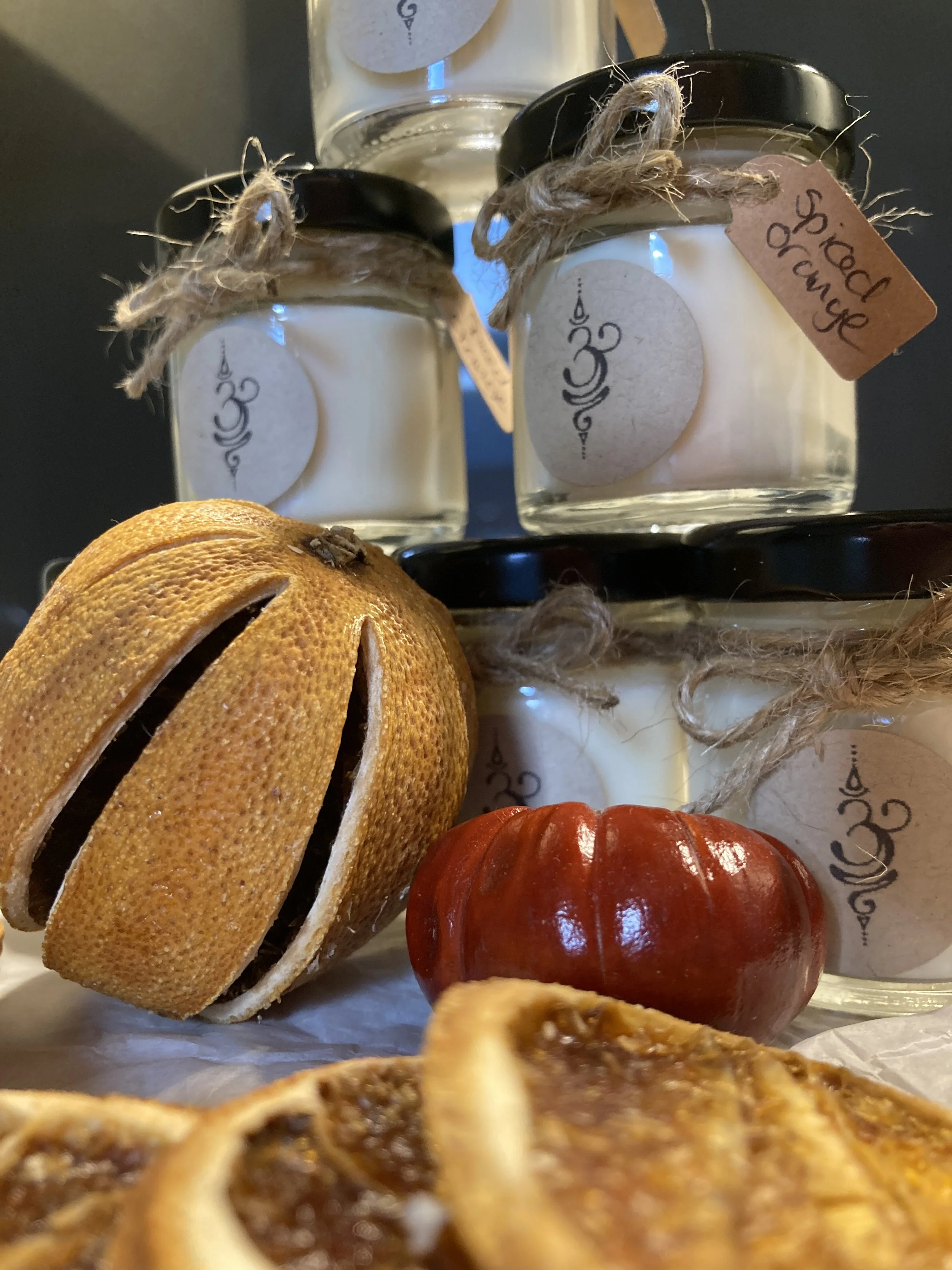 Festive spiced soy wax candle — orange, cloves and seasonal essential oil blends made at Breathe by Jo candle making workshops, Chesterfield, Derbyshire