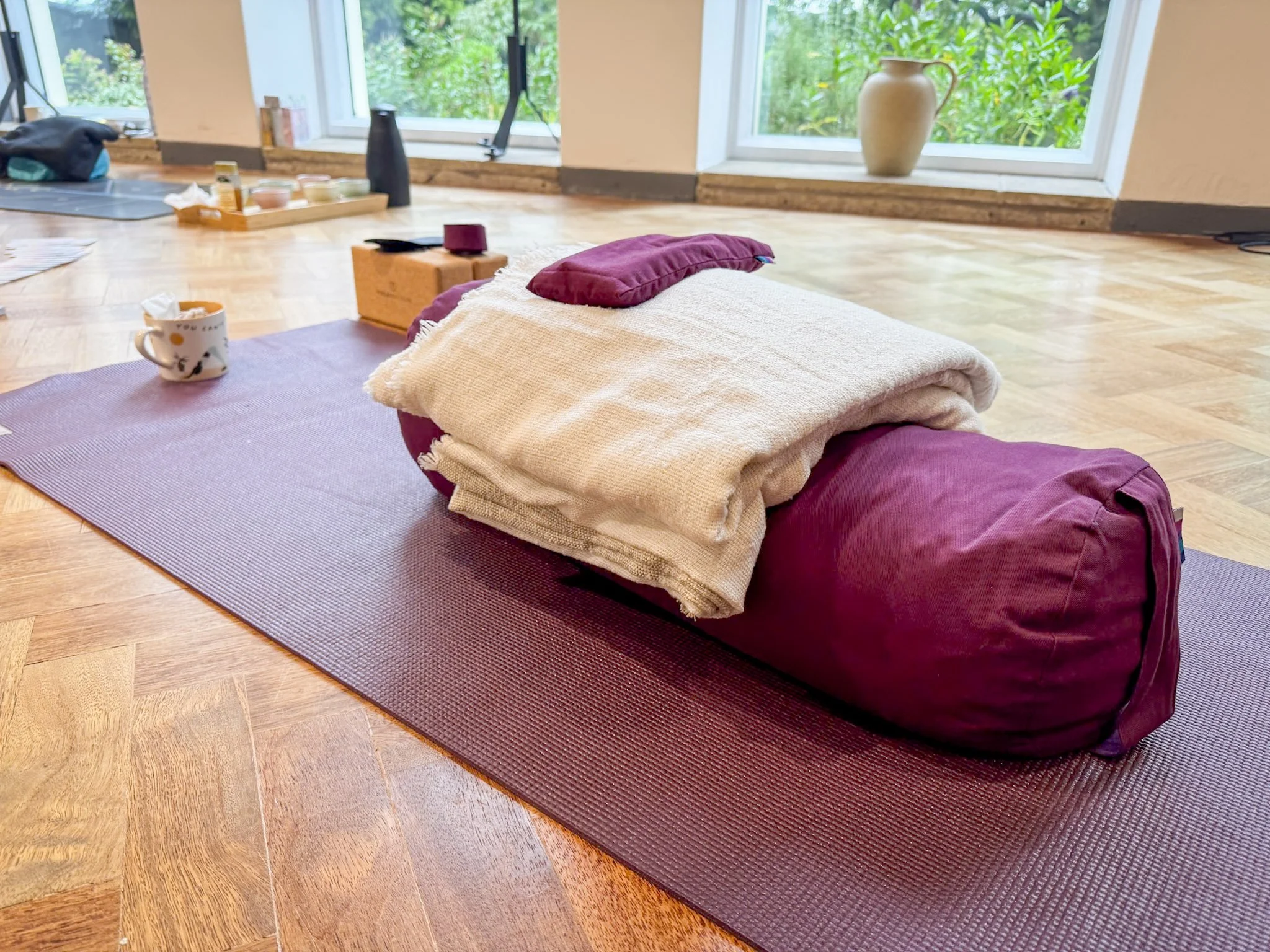 Yoga mat and props at Cutthorpe Institute, Derbyshire — trauma-informed yoga classes with Breathe by Jo