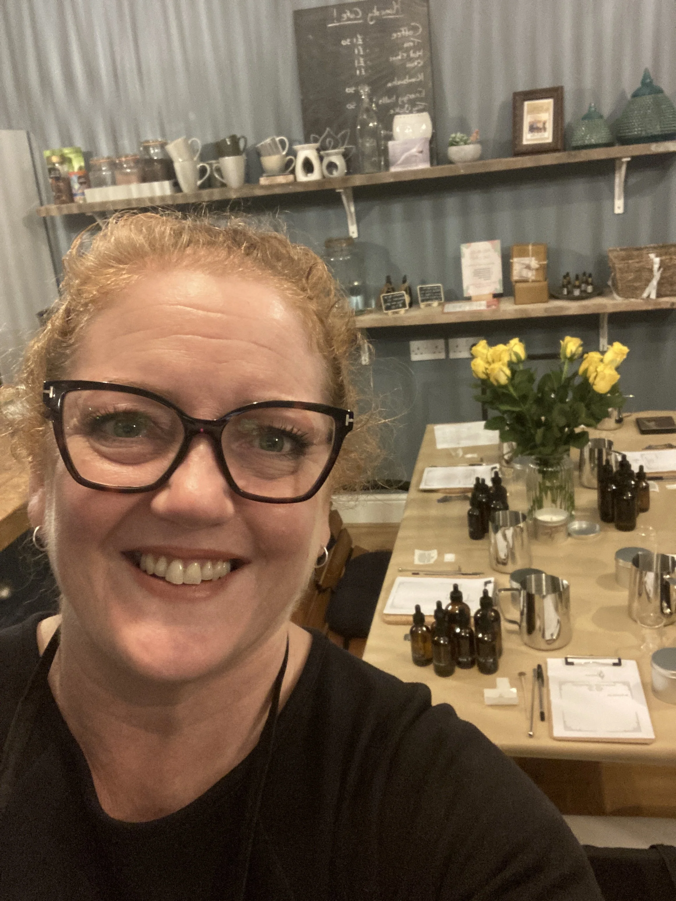 Jo teaching a candle making workshop in Chesterfield, Derbyshire — create your own aromatherapy soy wax candles with Breathe by Jo