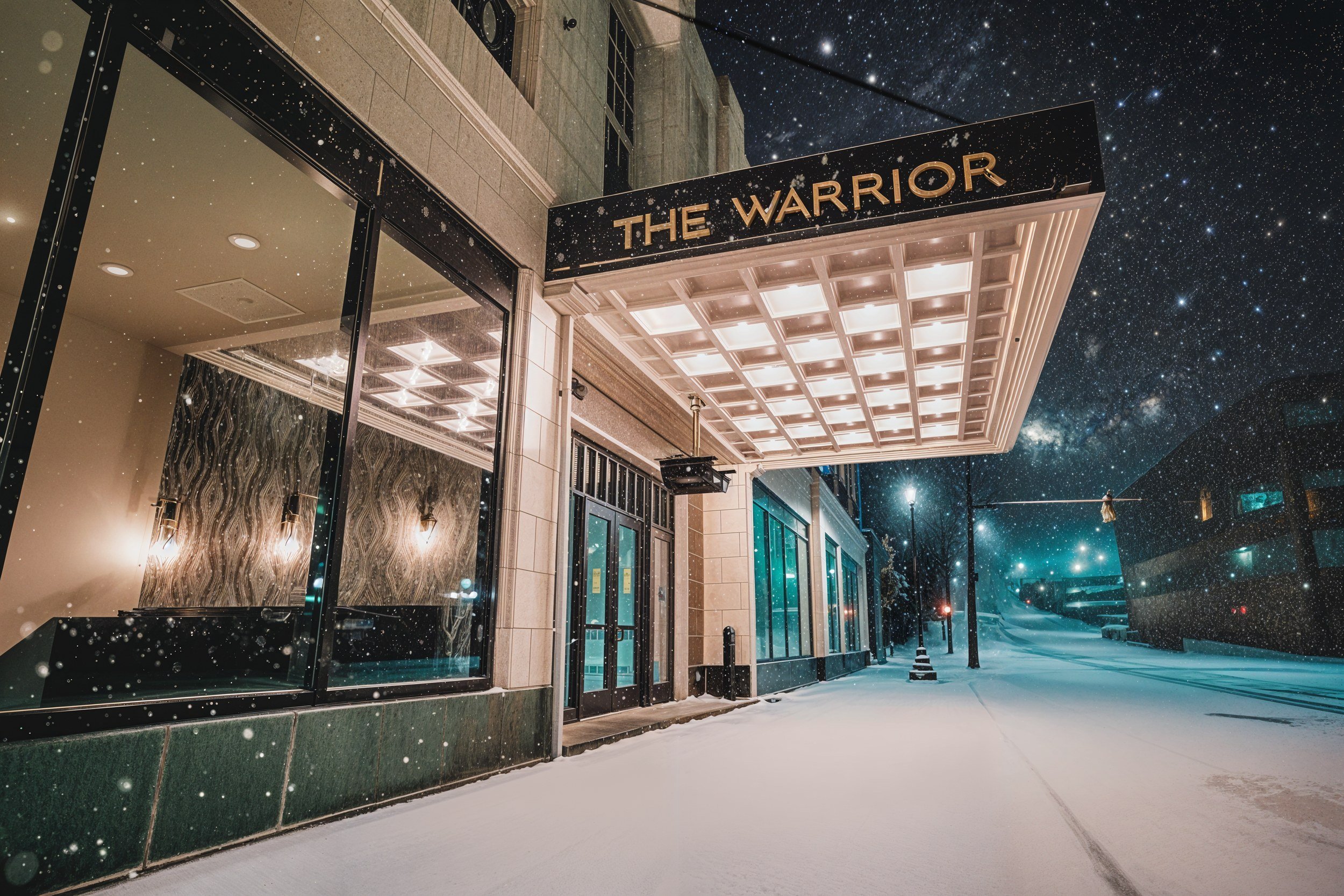 The Warrior Hotel marquee on a snowy night