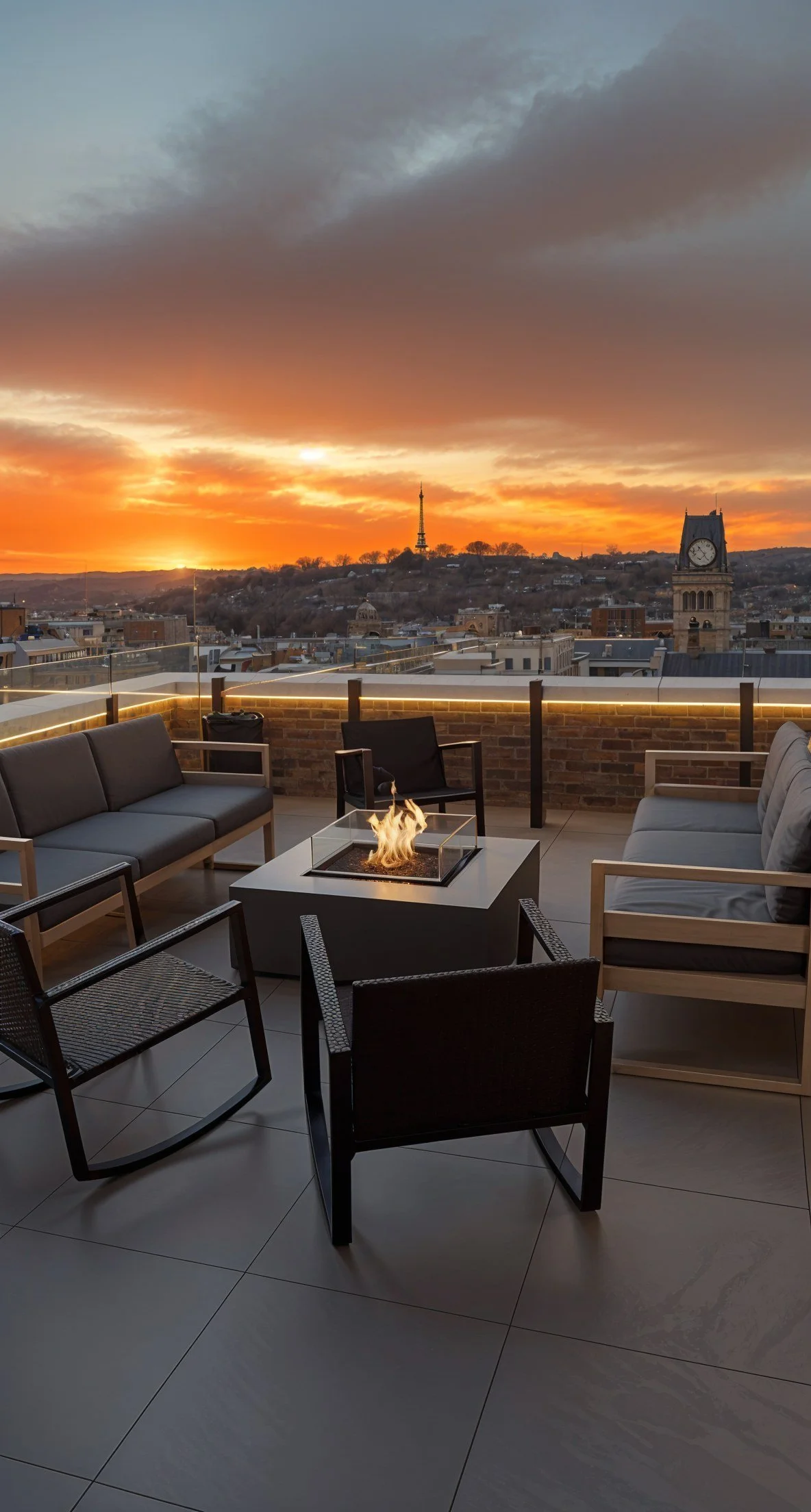 The Crown Rooftop Bar firepit at sunset