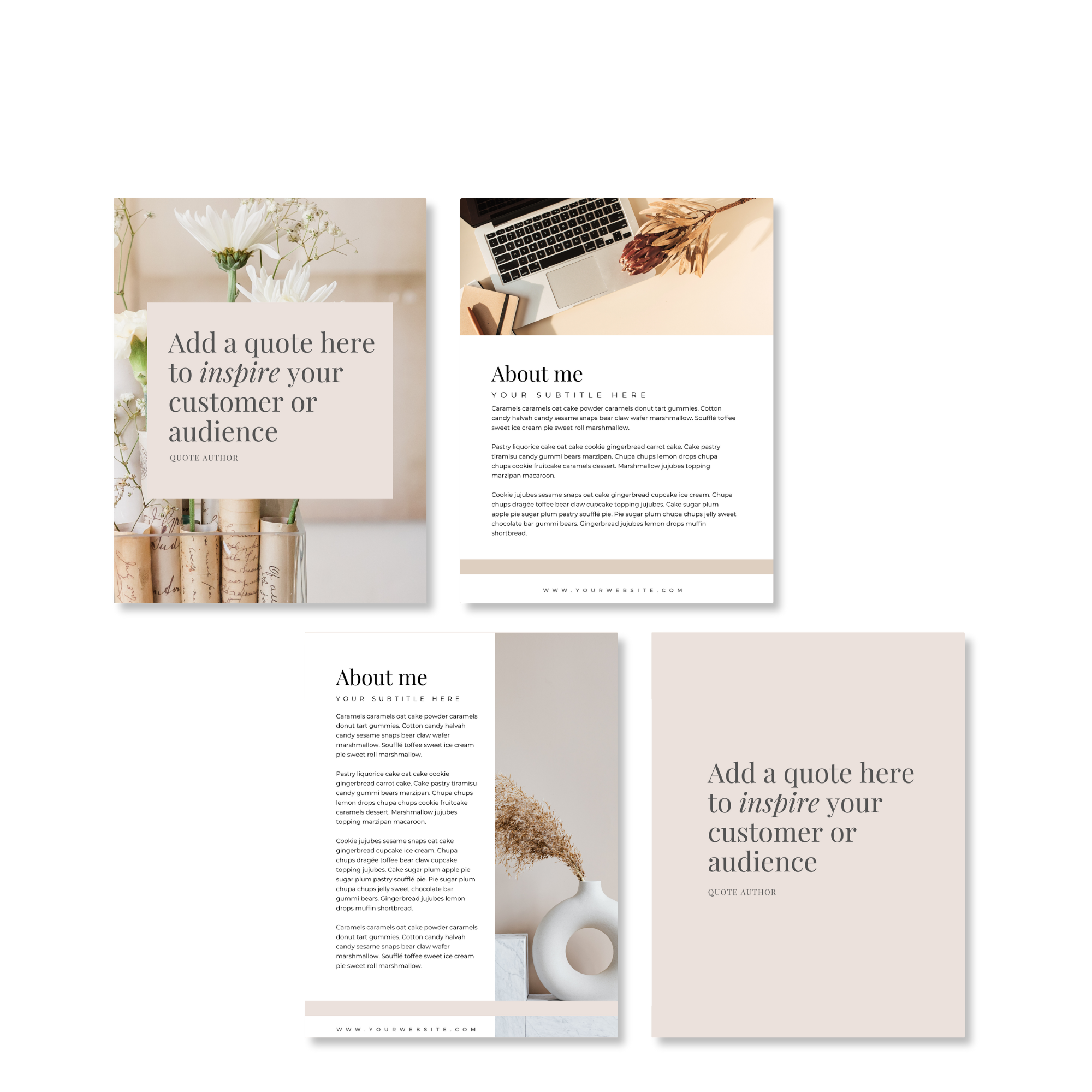Collage of template designs featuring inspirational quotes and "About Me" sections, styled with minimalist decor and a neutral color palette, including images of flowers, a laptop, and dried plants.