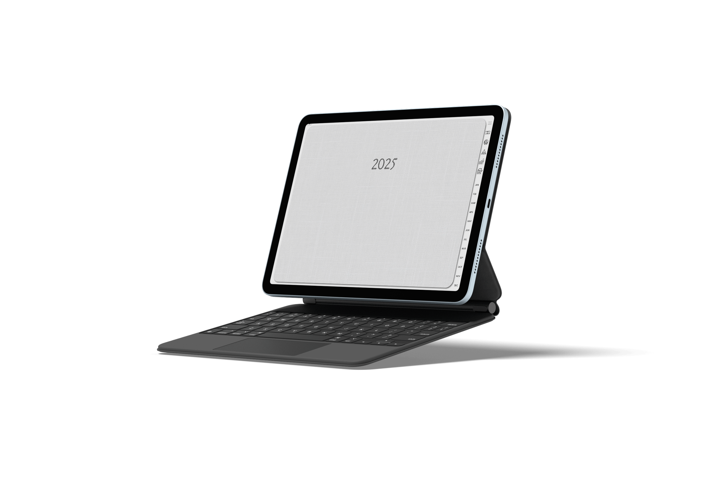 Digital planner on a tablet with detachable keyboard displaying '2025' on the screen, against a black background.