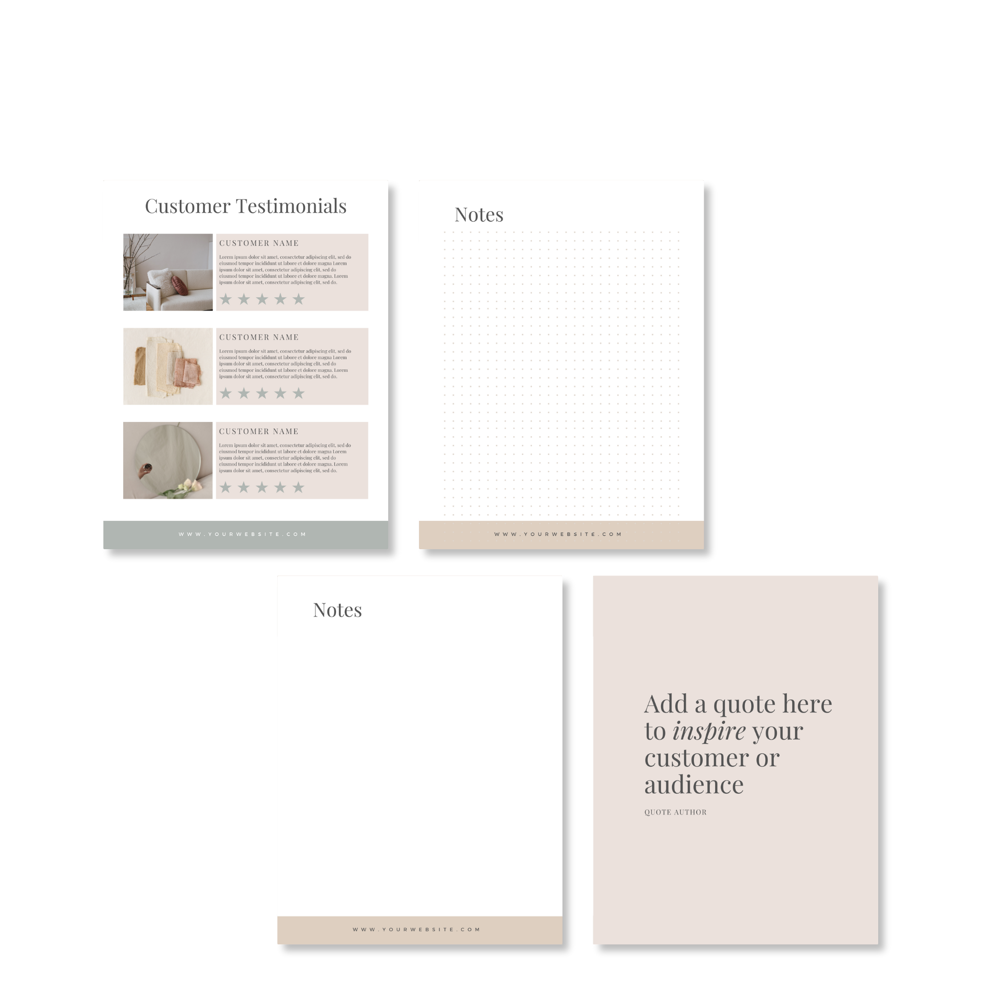 Set of four minimalist mockup templates including customer testimonials with star ratings, a dotted notes page, a blank notes page, and an inspirational quote card. Each template is styled in a neutral color palette and includes placeholder text and images.