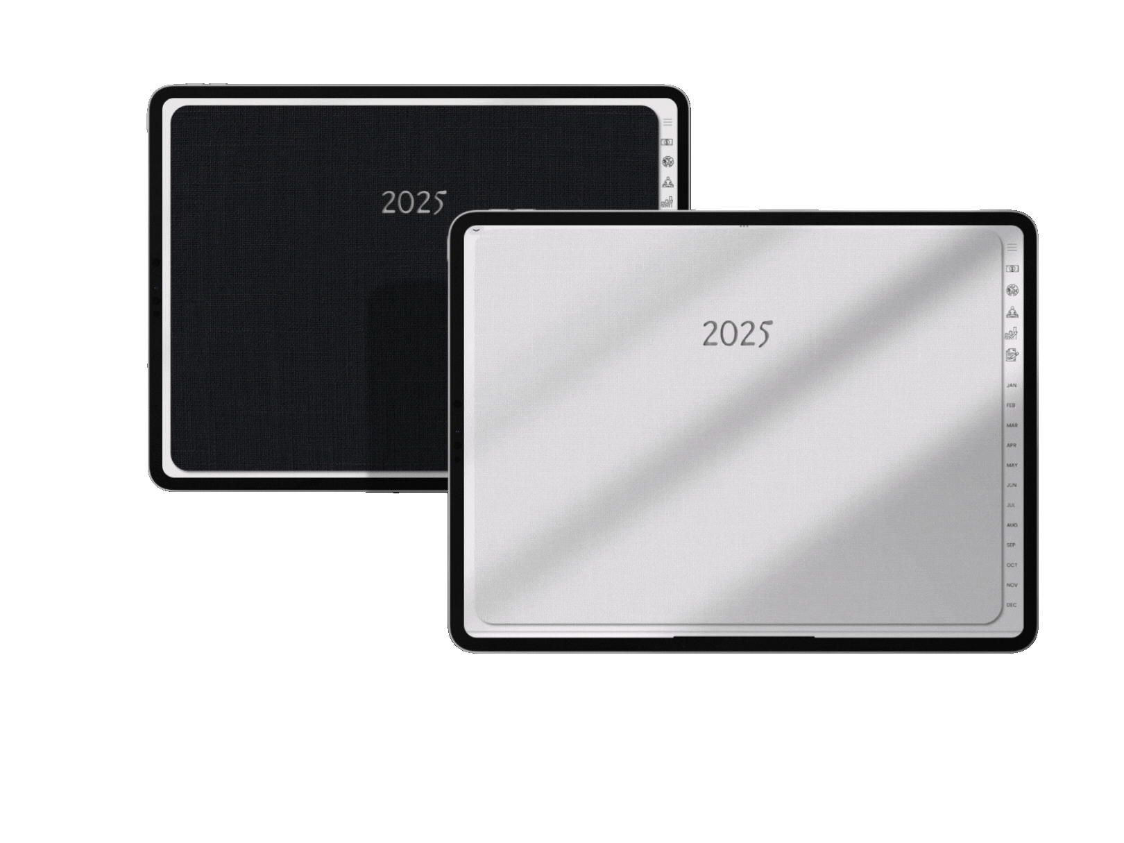 Two digital planners on tablets displaying the year 2025, one in black and the other in white.