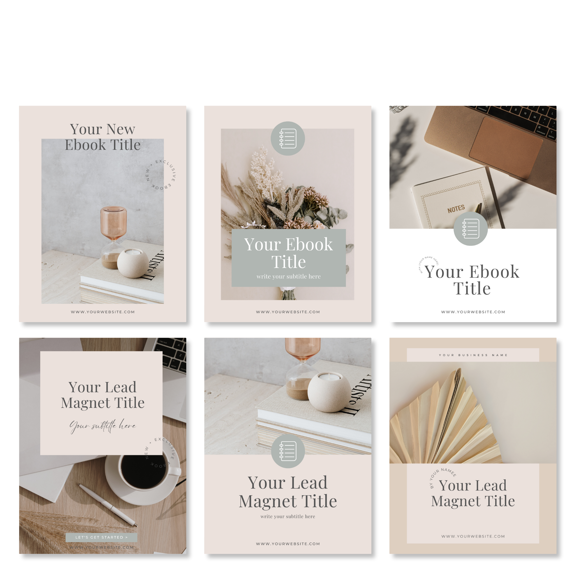 Collage of six ebook and lead magnet cover templates showcasing minimalist designs with neutral colors, featuring items like candles, books, and plants.